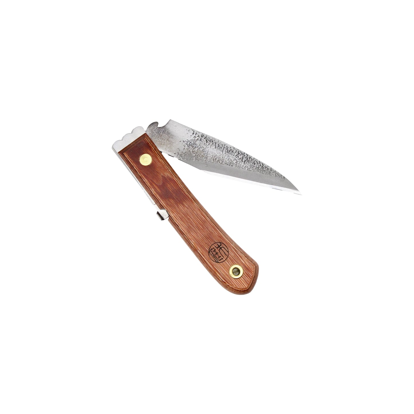 The Niwaki Moku Folding Garden Knife with a wooden handle and a partially open, textured Aogami Blue Paper steel blade rests against a white background.