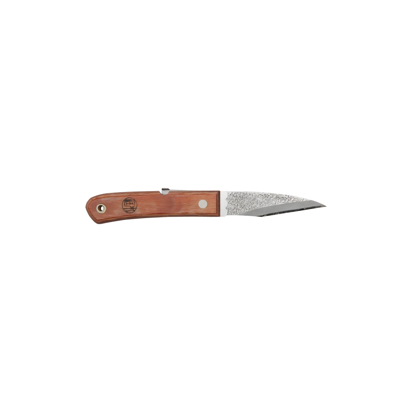 
                  
                    The Niwaki Moku Folding Garden Knife features a wooden handle and a short, textured single bevel blade made from Aogami Blue Paper steel, shown on a white background.
                  
                