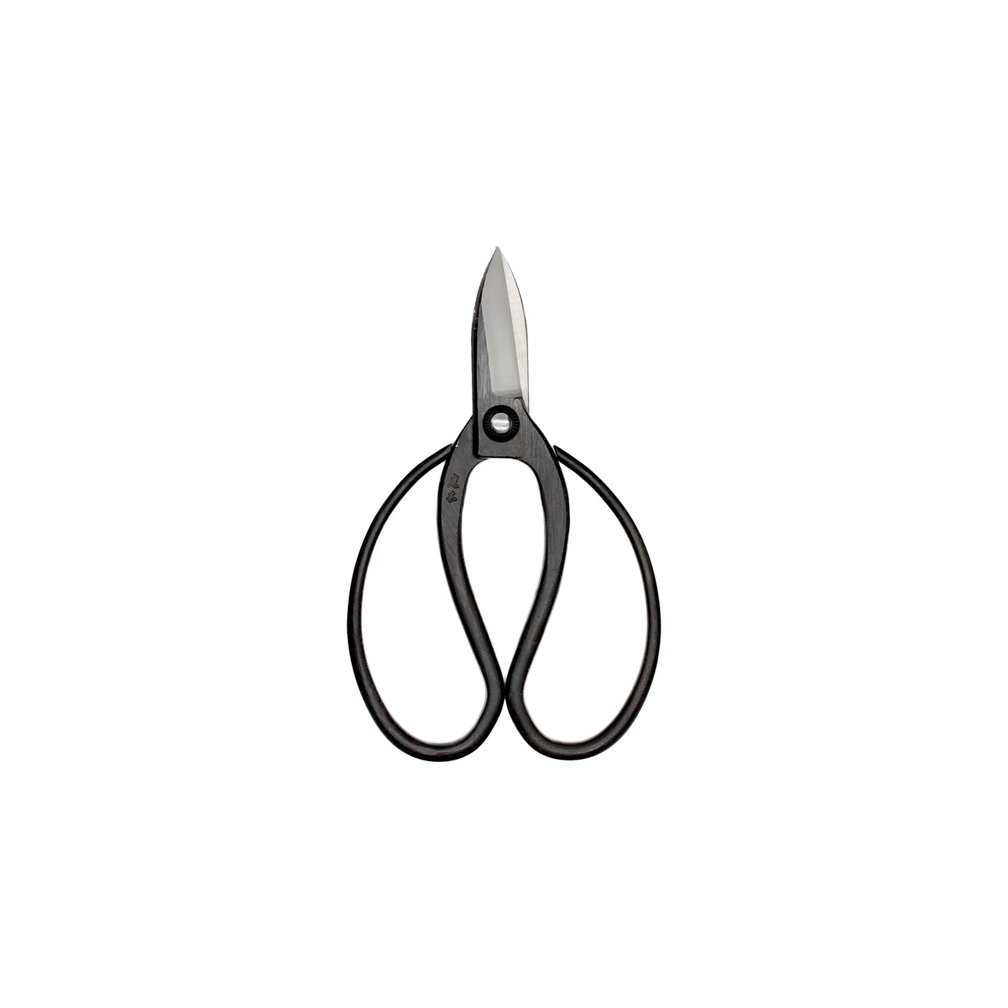 The Niwaki Sentei Garden Scissors are black metal bonsai scissors with rounded handles and short, sharp blades, ideal for precision pruning, shown on a white background.