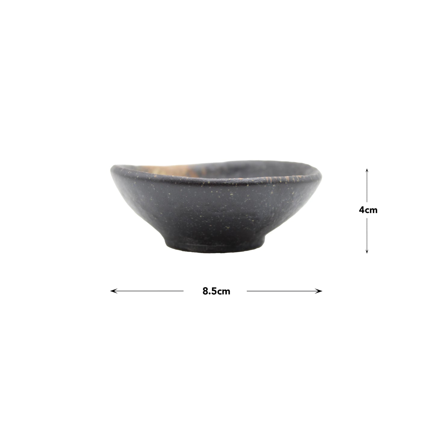 The Soy Sauce Dish - Ochoko Black Bizen is a small black Bizen ceramic bowl with a speckled finish, perfect for soy sauce. It measures 8.5 cm in diameter and 4 cm in height.