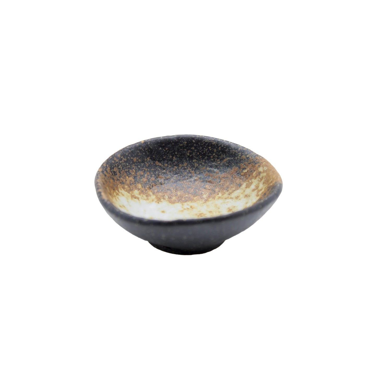 
                  
                    The Soy Sauce Dish - Ochoko Black Bizen is a small, round Bizen ware bowl with a textured, speckled brown and black glaze, ideal for serving soy sauce. Displayed on a plain white background.
                  
                