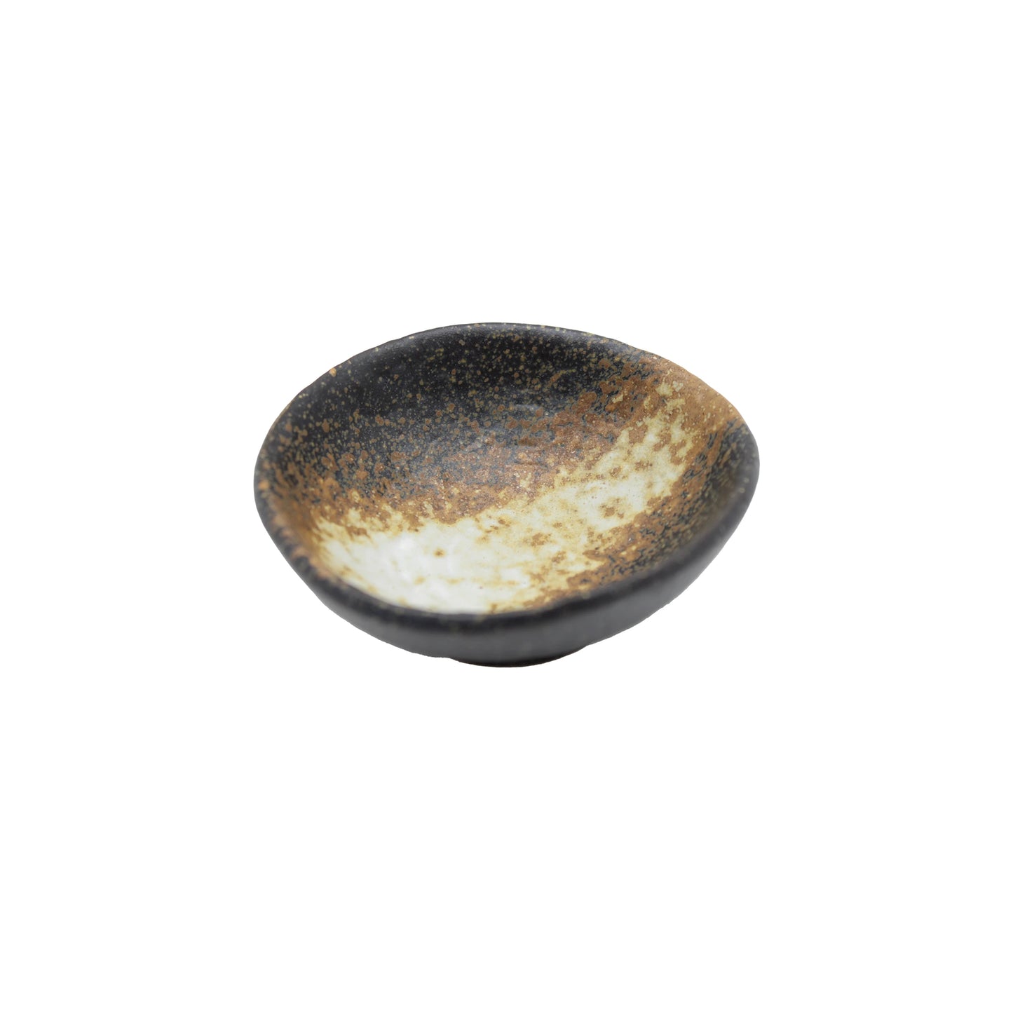 
                  
                    The Soy Sauce Dish - Ochoko Black Bizen features a small, shallow ceramic design with a dark brown and beige speckled glaze on white, inspired by traditional Black Bizen ware.
                  
                