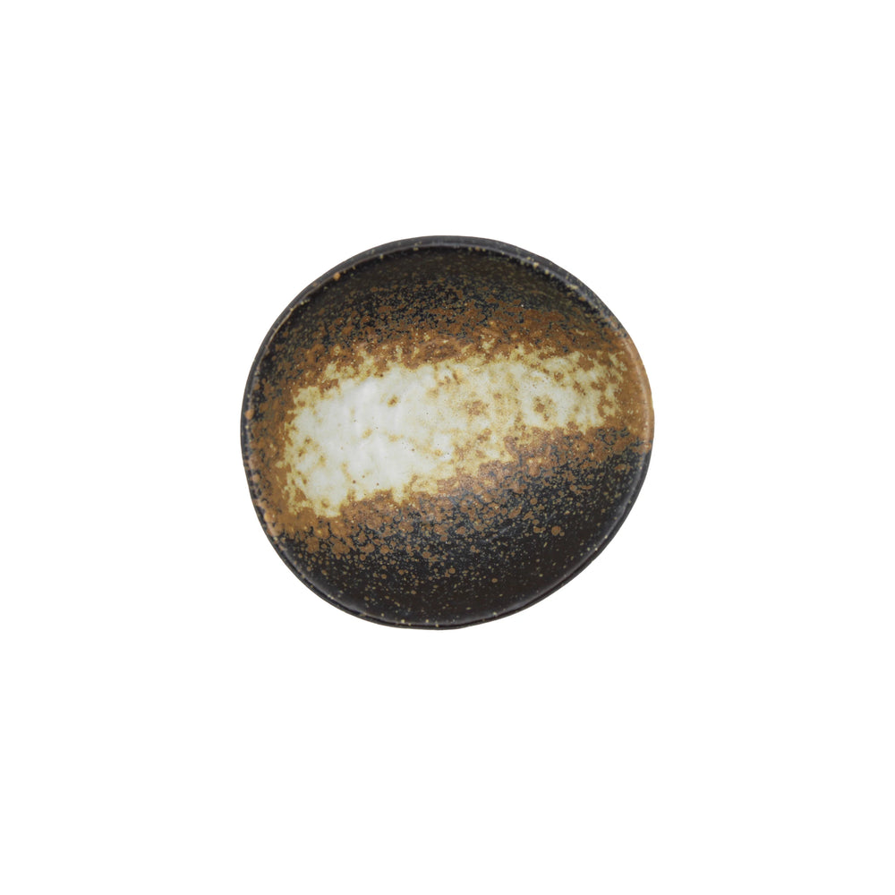 
                  
                    The Soy Sauce Dish - Ochoko Black Bizen is a round ceramic dish styled after Bizen ware, with a dark brown and tan speckled glaze and a lighter horizontal stripe across the center, viewed from above.
                  
                