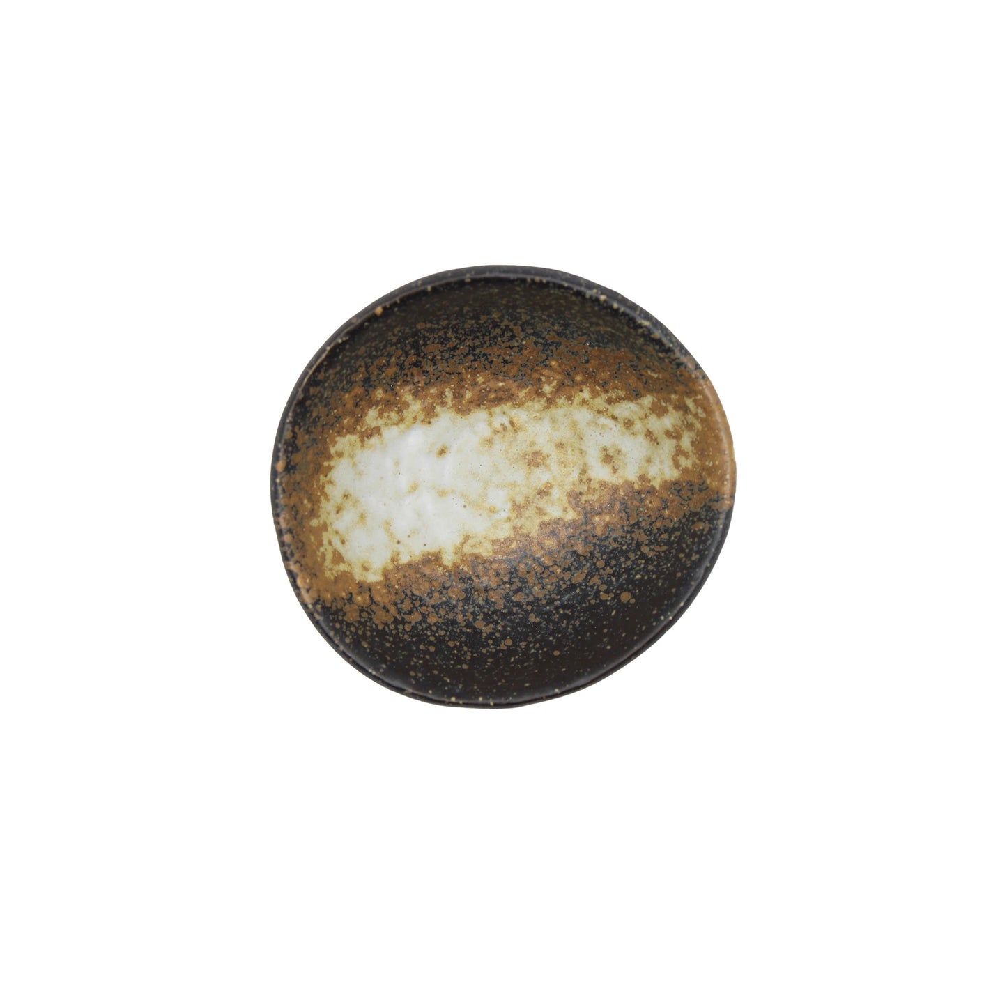 
                  
                    The Soy Sauce Dish - Ochoko Black Bizen is a round ceramic dish styled after Bizen ware, with a dark brown and tan speckled glaze and a lighter horizontal stripe across the center, viewed from above.
                  
                