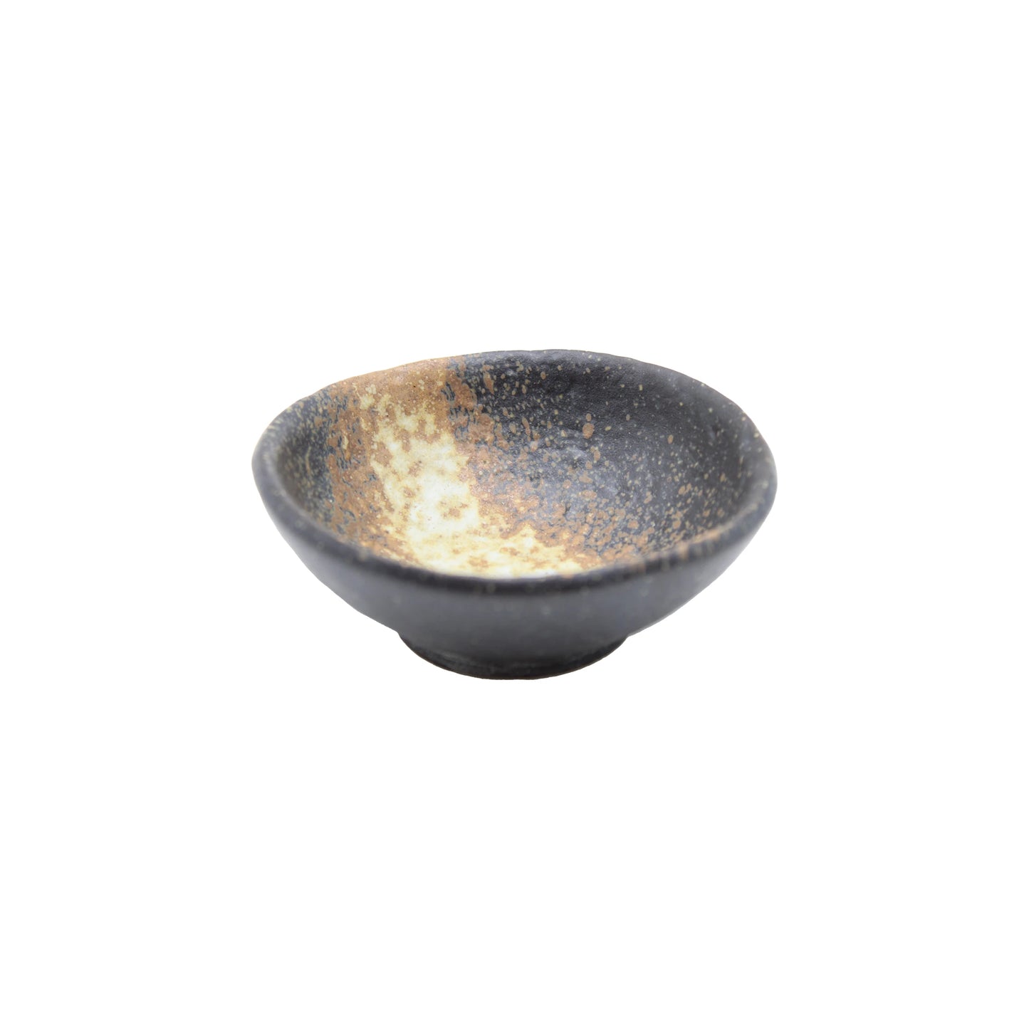 The Soy Sauce Dish - Ochoko Black Bizen is a small, shallow Bizen ware ceramic bowl featuring a rough texture and a blend of dark and light brown glazes, ideal for serving soy sauce. Shown against a white background.