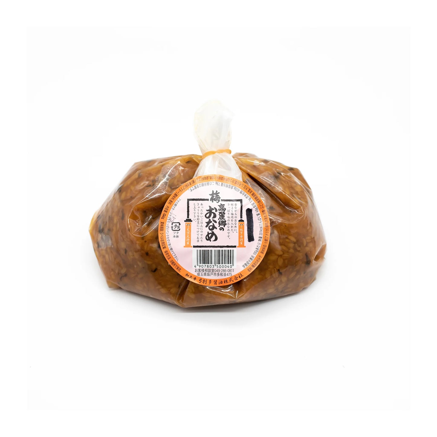 Oname Plum Miso: Sealed plastic bag of fermented soybean plum miso with a round label featuring Japanese text and a barcode on the front—perfect for adding an umami twist.
