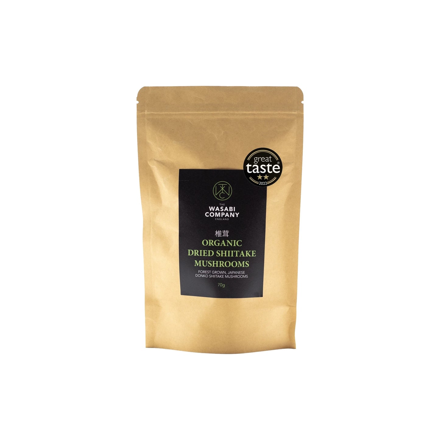 A brown resealable pouch labeled Wasabi Label Organic Dried Donko Shiitake Mushrooms - 70g features premium forest-grown dried shiitake mushrooms and a Great Taste award badge on the top right.