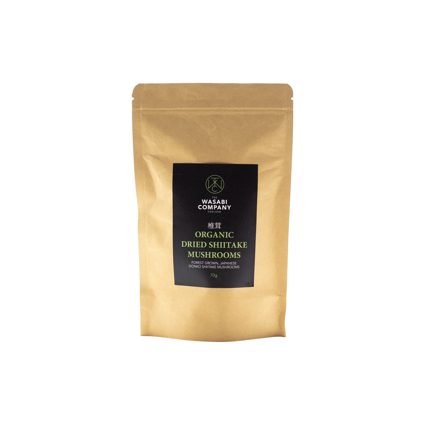 
                  
                    A brown resealable pouch labeled Wasabi Label Organic Dried Donko Shiitake Mushrooms, 70g, forest-grown and organic, set against a plain white background.
                  
                