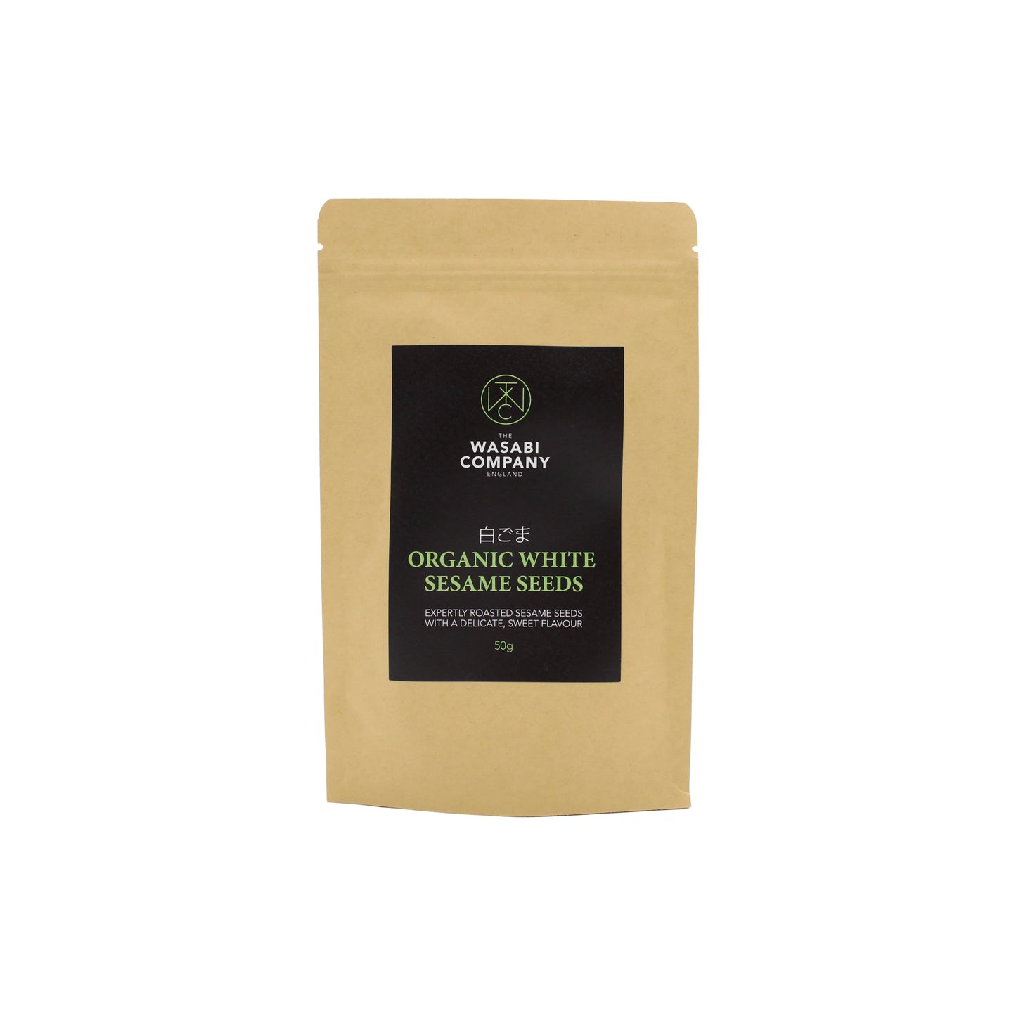 A brown resealable pouch labeled Wasabi Label Organic White Sesame Seeds - 50g is shown against a white background—ideal for adding premium sesame flavor to Japanese cuisine.