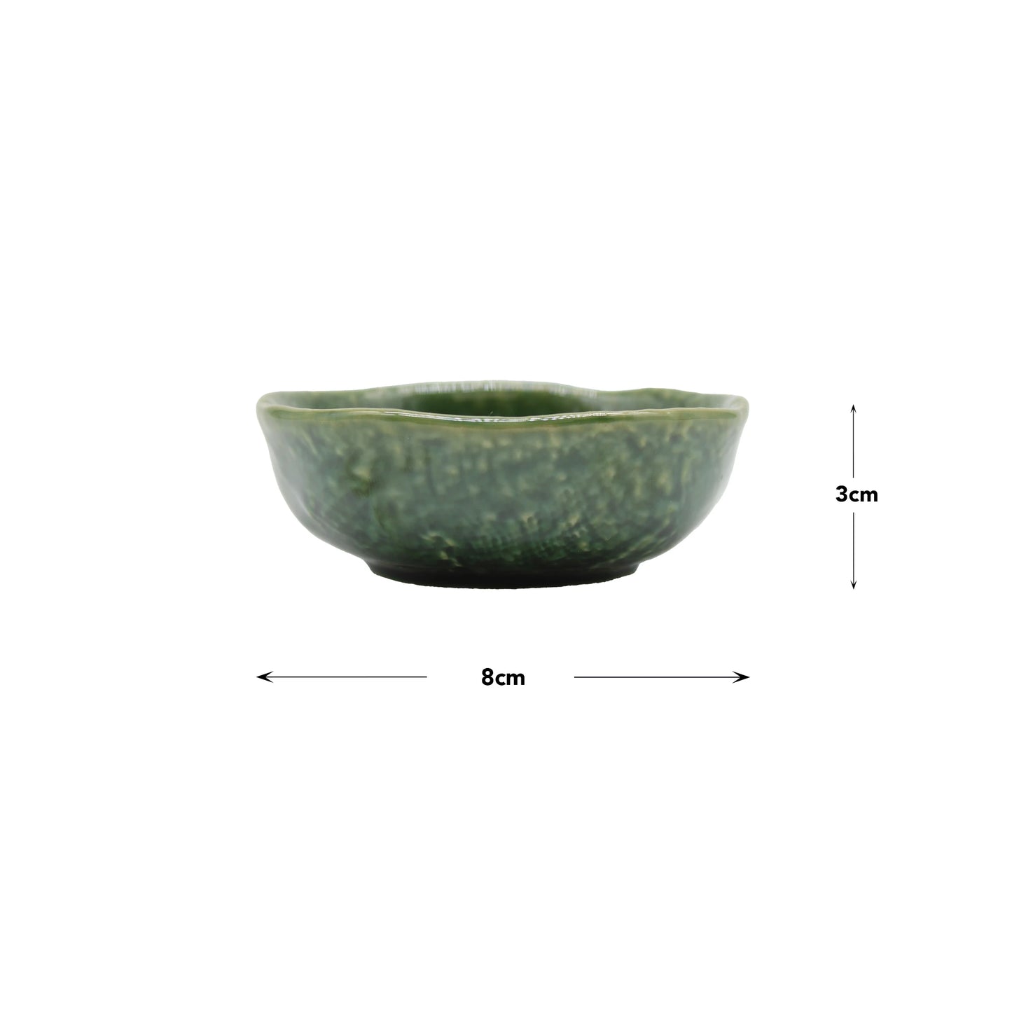Soy Sauce Dish - Oribe Green: Japanese-style small green ceramic bowl with a subtle textured pattern, 8 cm diameter and 3 cm height, as shown with dimension arrows.
