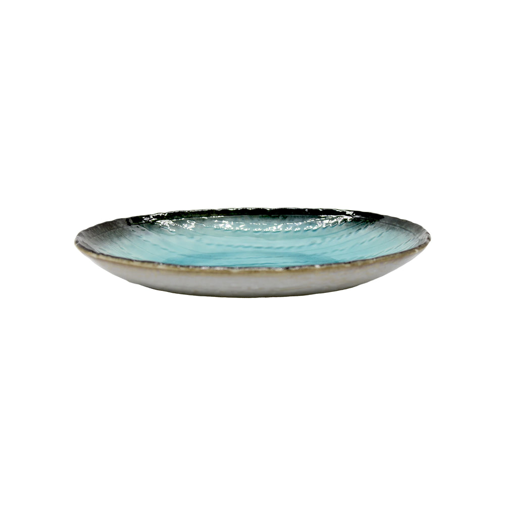 
                  
                    The Sky Blue Oval Plate - 24cm is crafted from Minoyaki porcelain with a hand-applied sky blue glaze inside and a textured, darker rim, photographed on a white background.
                  
                