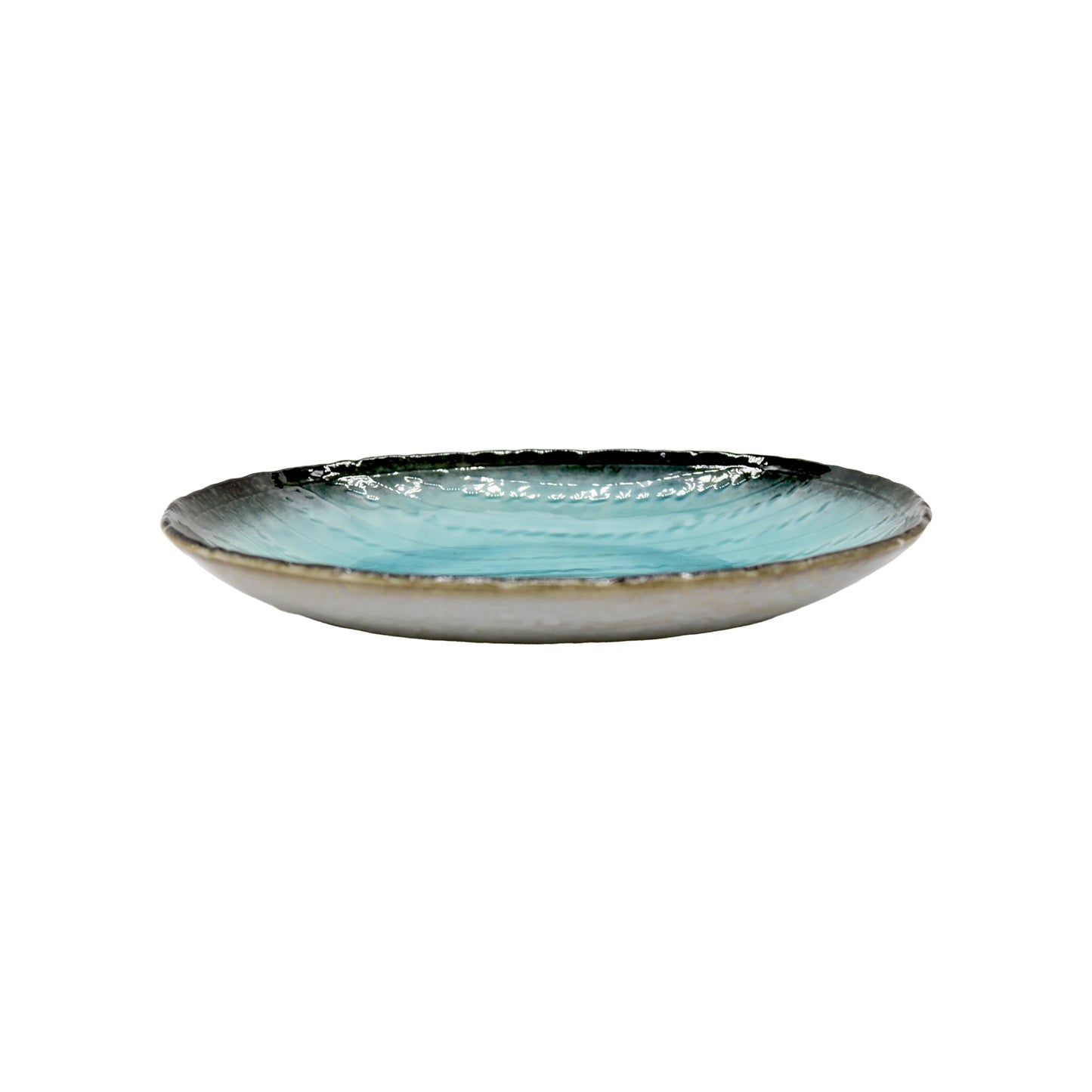
                  
                    The Sky Blue Oval Plate - 24cm is crafted from Minoyaki porcelain with a hand-applied sky blue glaze inside and a textured, darker rim, photographed on a white background.
                  
                
