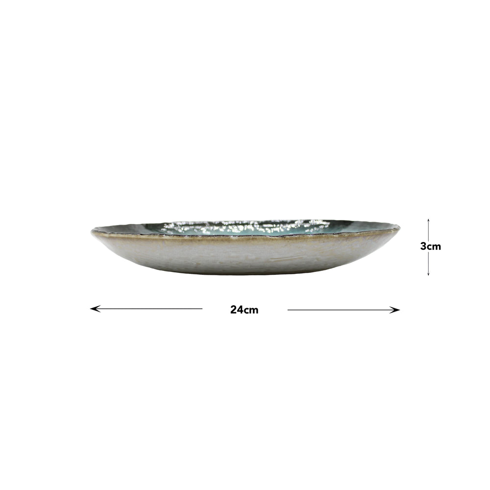 
                  
                    The Sky Blue Oval Plate - 24cm, measuring 24 cm in length and 3 cm in height, is displayed from the side on a white background with measurement markers and features a hand-applied sky blue glaze for an elegant finish.
                  
                