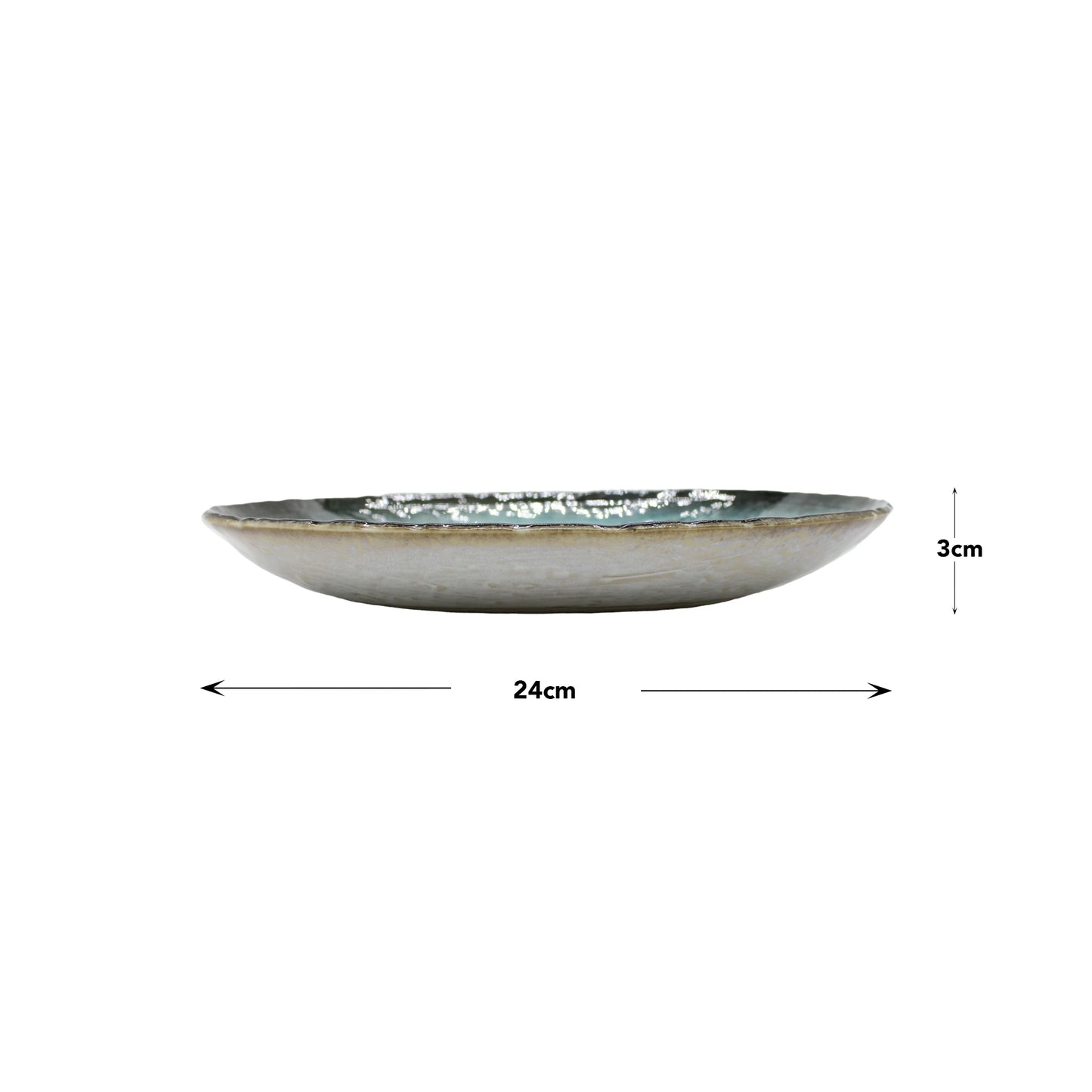 
                  
                    The Sky Blue Oval Plate - 24cm, measuring 24 cm in length and 3 cm in height, is displayed from the side on a white background with measurement markers and features a hand-applied sky blue glaze for an elegant finish.
                  
                