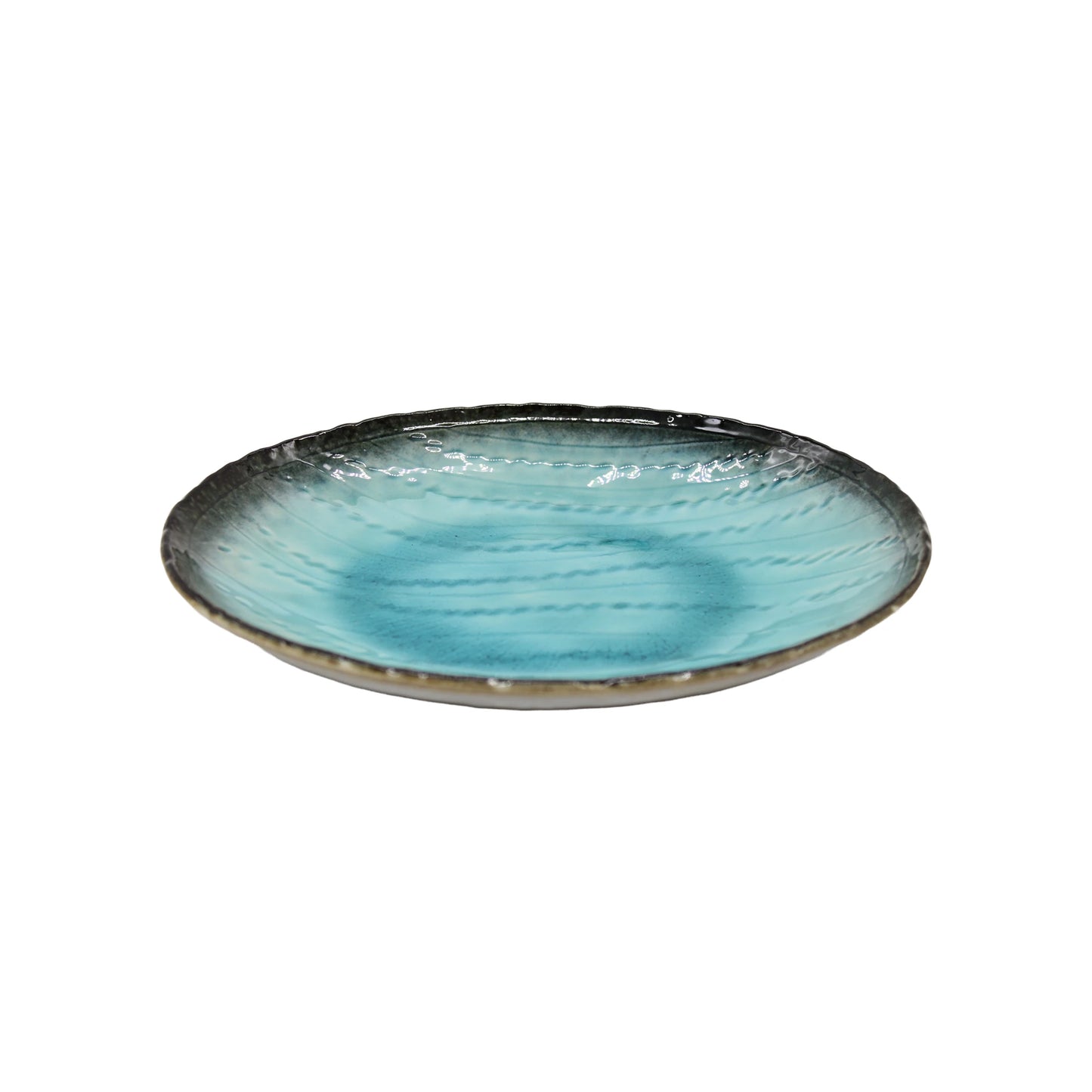 
                  
                    The Sky Blue Oval Plate - 24cm is a Minoyaki porcelain piece from Takai Kiln with a hand-applied sky blue glazed interior, dark textured rim, and plain white background.
                  
                