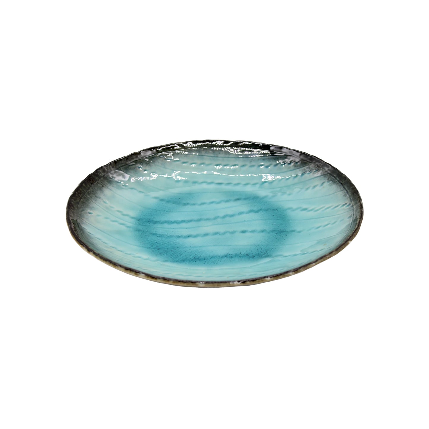 The Sky Blue Oval Plate - 24cm features Minoyaki porcelain with a hand-applied sky blue glaze and a textured, dark rim, presented against a plain white background.