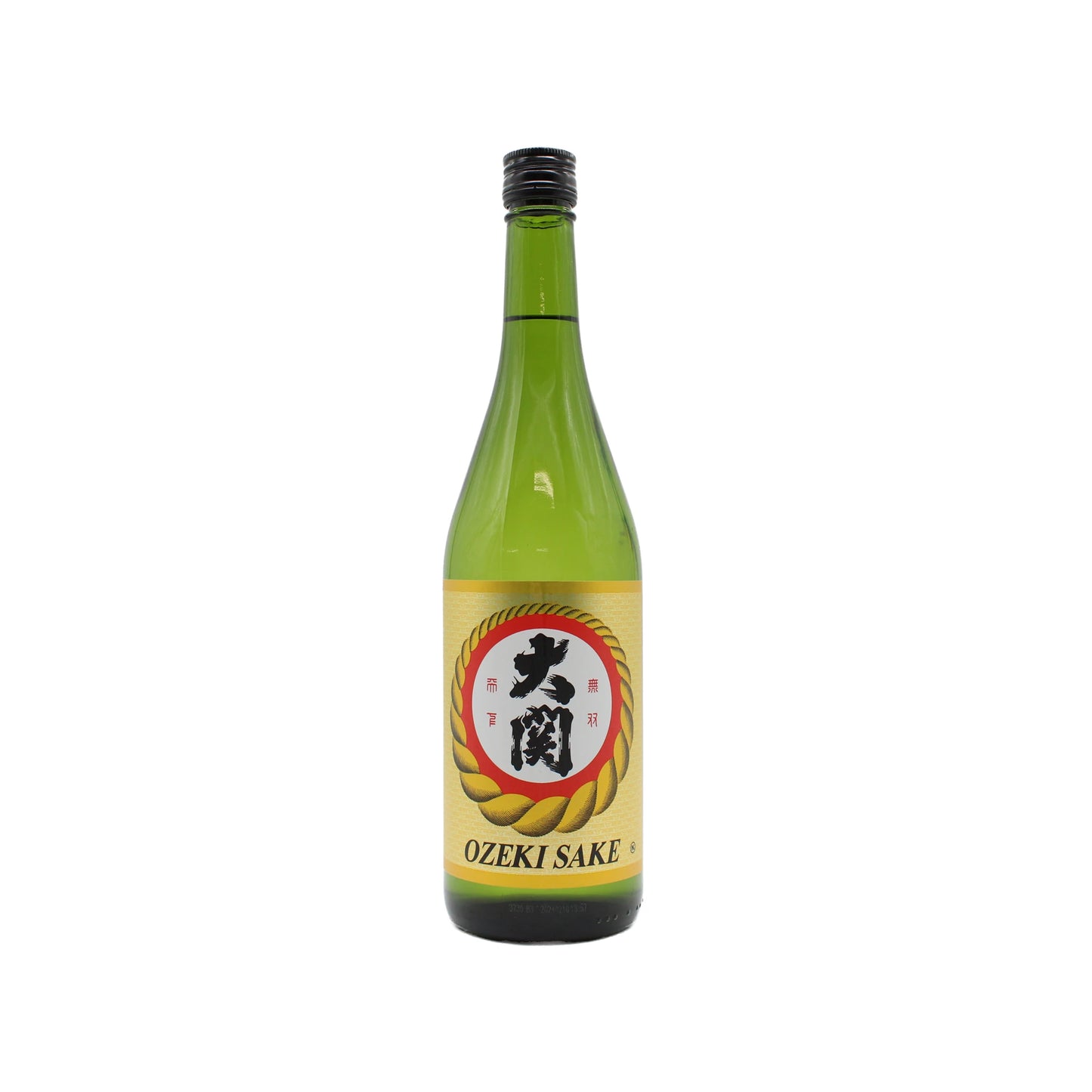 A green glass bottle of Ozeki Junmai Sake Karakuchi Dry with a yellow label and red-black logo stands upright on a white background—perfect for use as cooking sake or enjoying straight.