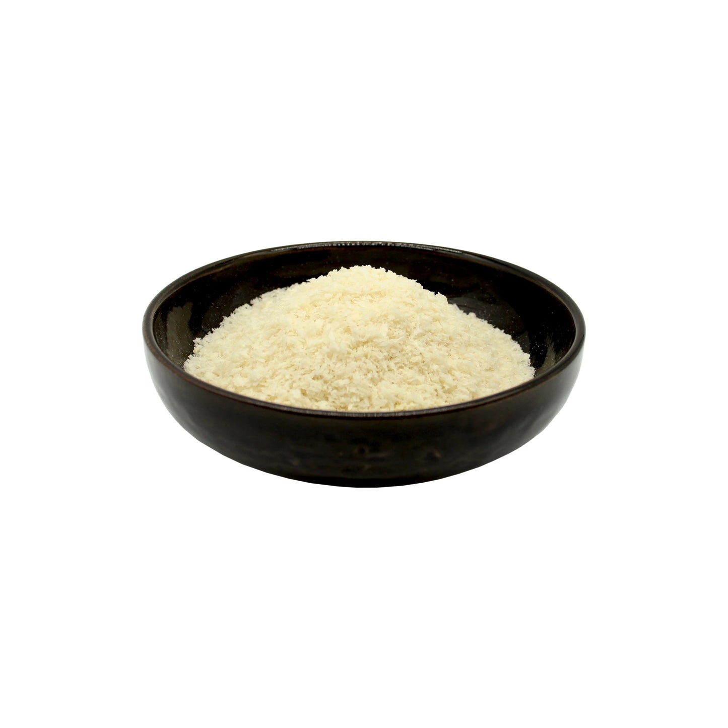 A black bowl filled with a mound of finely shredded, light-colored Panko Breadcrumbs - 200g, isolated on a white background.