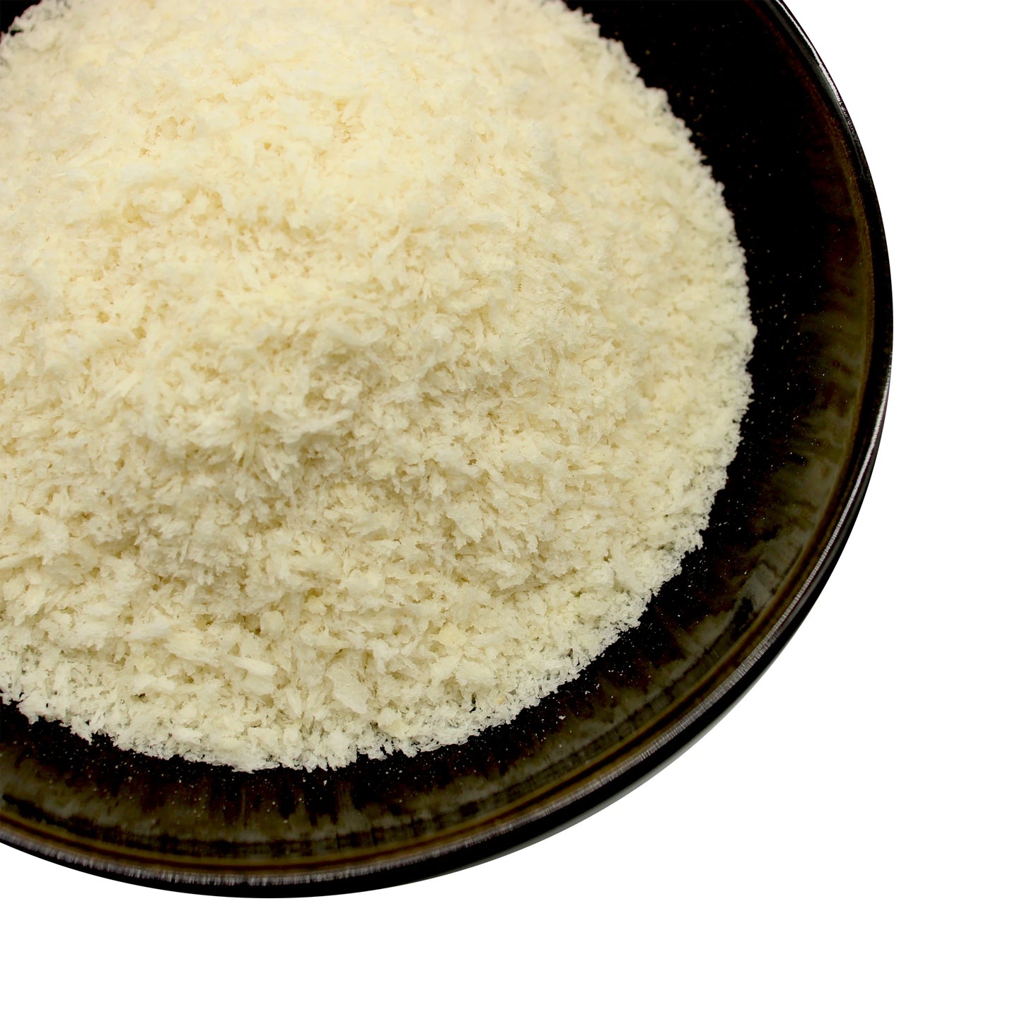 
                  
                    A dark bowl filled with Panko Breadcrumbs - 200g, featuring white, flaky Japanese breadcrumbs, photographed from above against a white background.
                  
                
