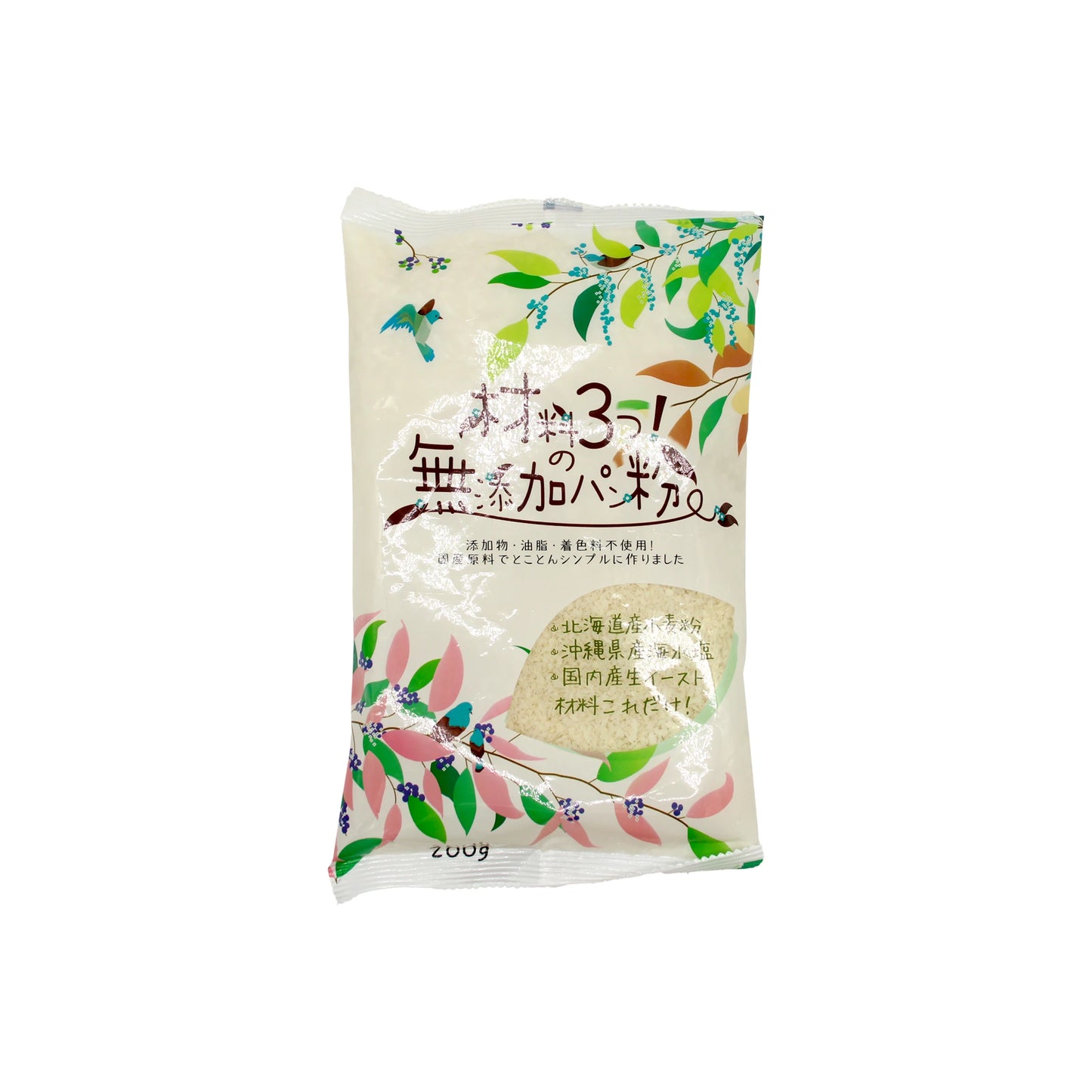 A 200g white package of Panko Breadcrumbs, displaying Japanese text and vibrant floral designs, is pictured against a plain white background—perfect for achieving a traditional crispy breadcrumb coating.