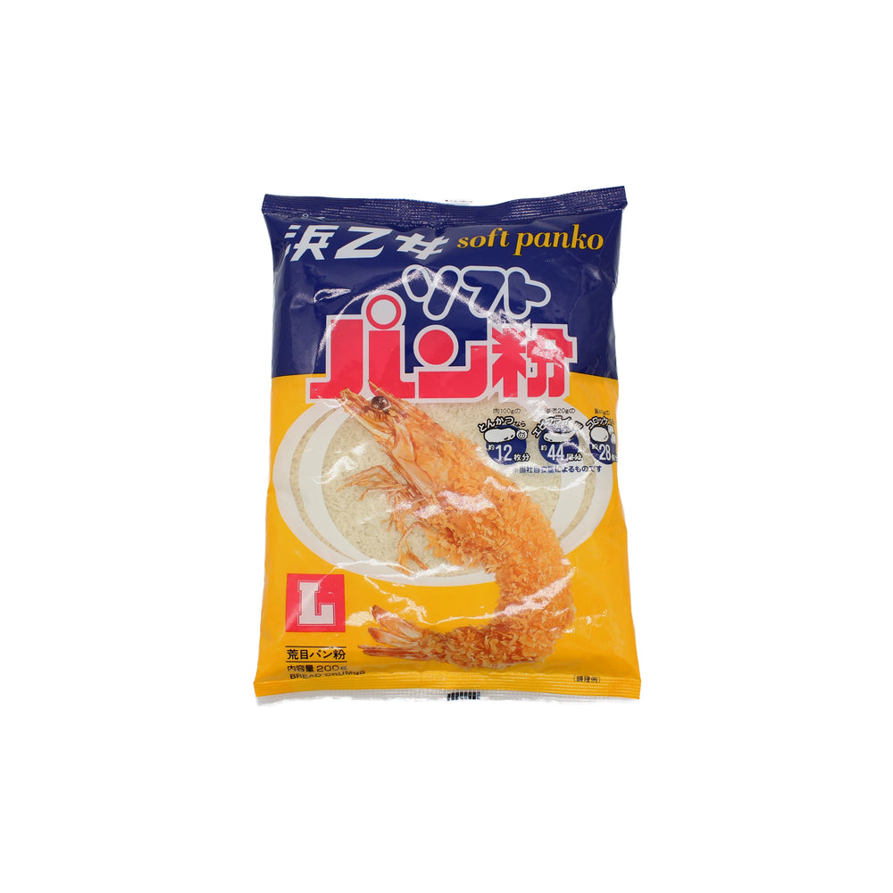 Panko Breadcrumbs - 200g, ideal for Japanese dishes, comes in vibrant blue, yellow, and orange packaging featuring an image of fried shrimp on the front.