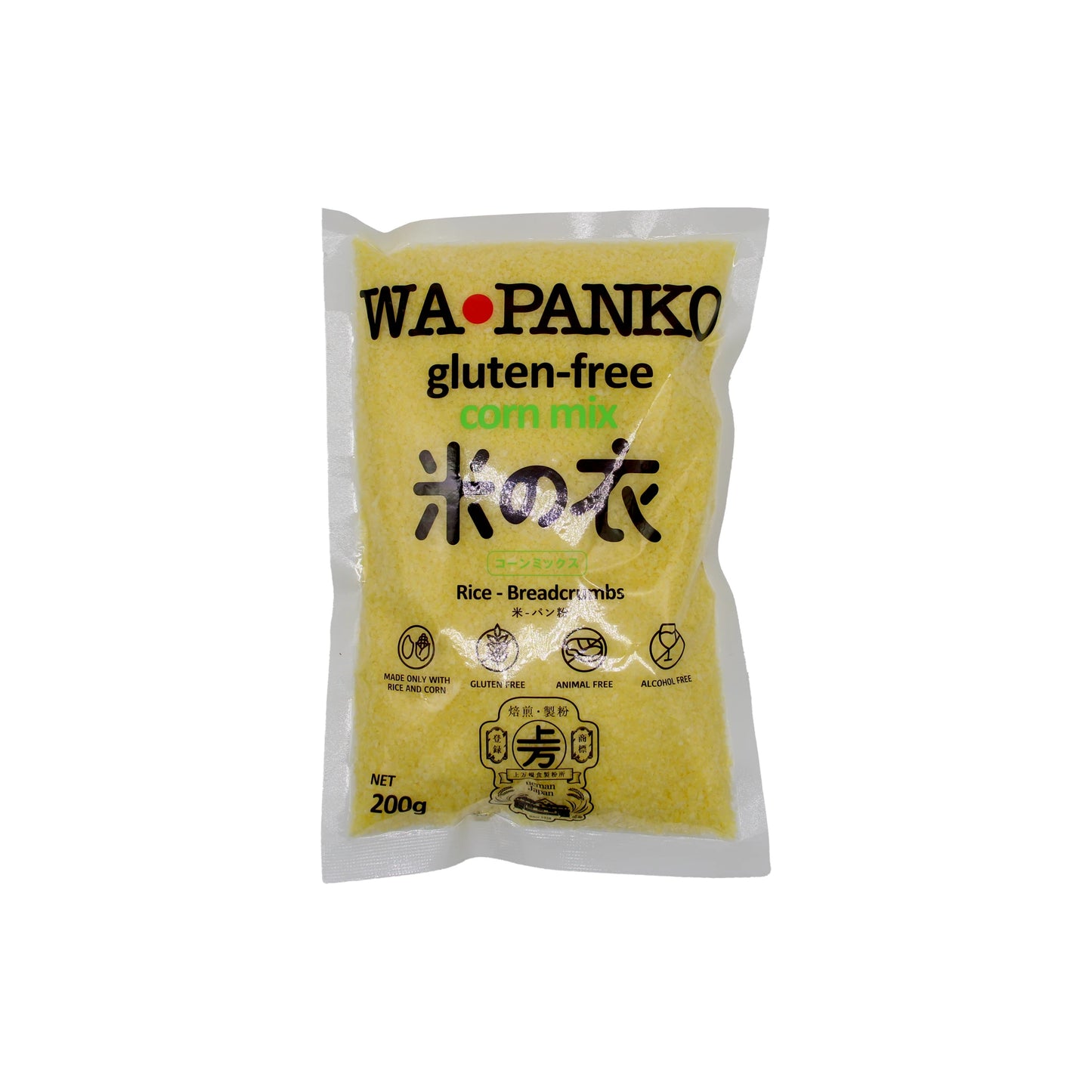 
                  
                    Clear plastic bag of yellow Gluten Free Rice & Corn Panko Breadcrumbs - 200g made from rice and corn.
                  
                