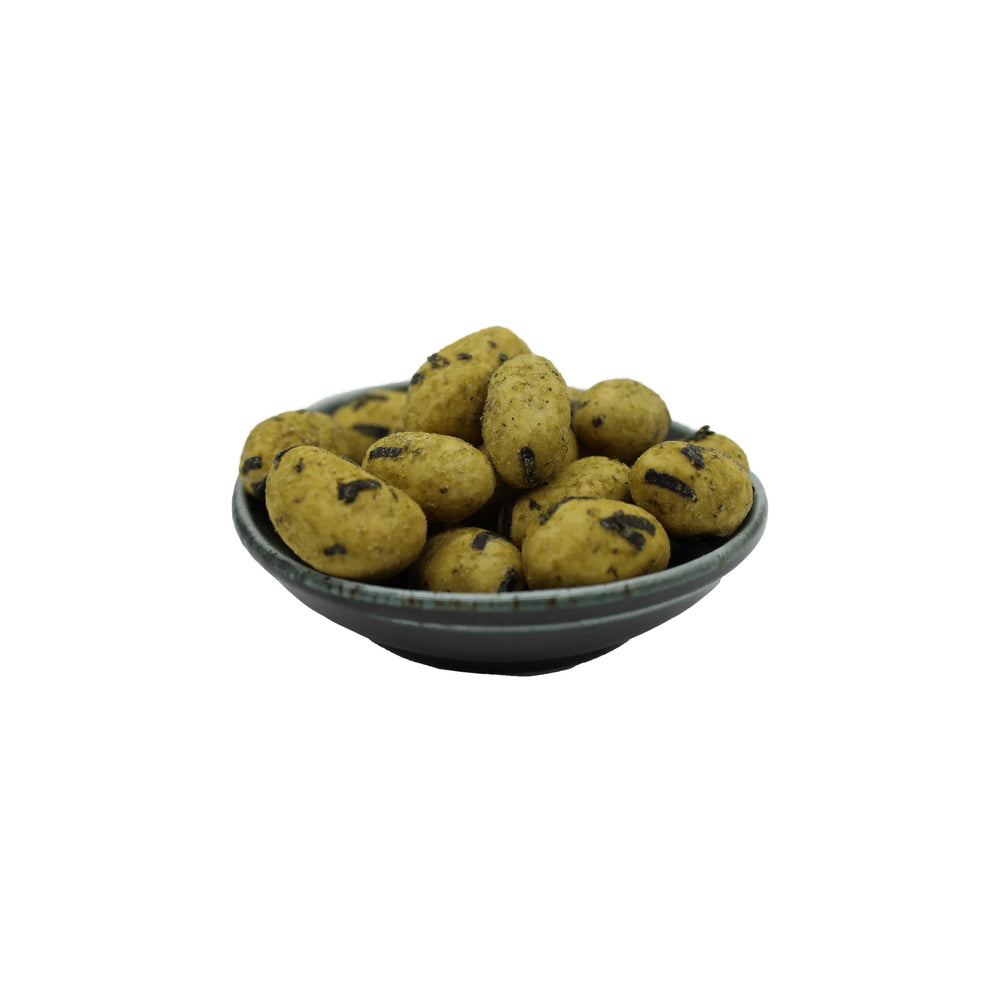 
                  
                    A small ceramic bowl holds oval, yellow peanuts coated with nori and wasabi seasoning. Product: Peanut Snack with Nori & Wasabi - 90g, displayed on a white background.
                  
                