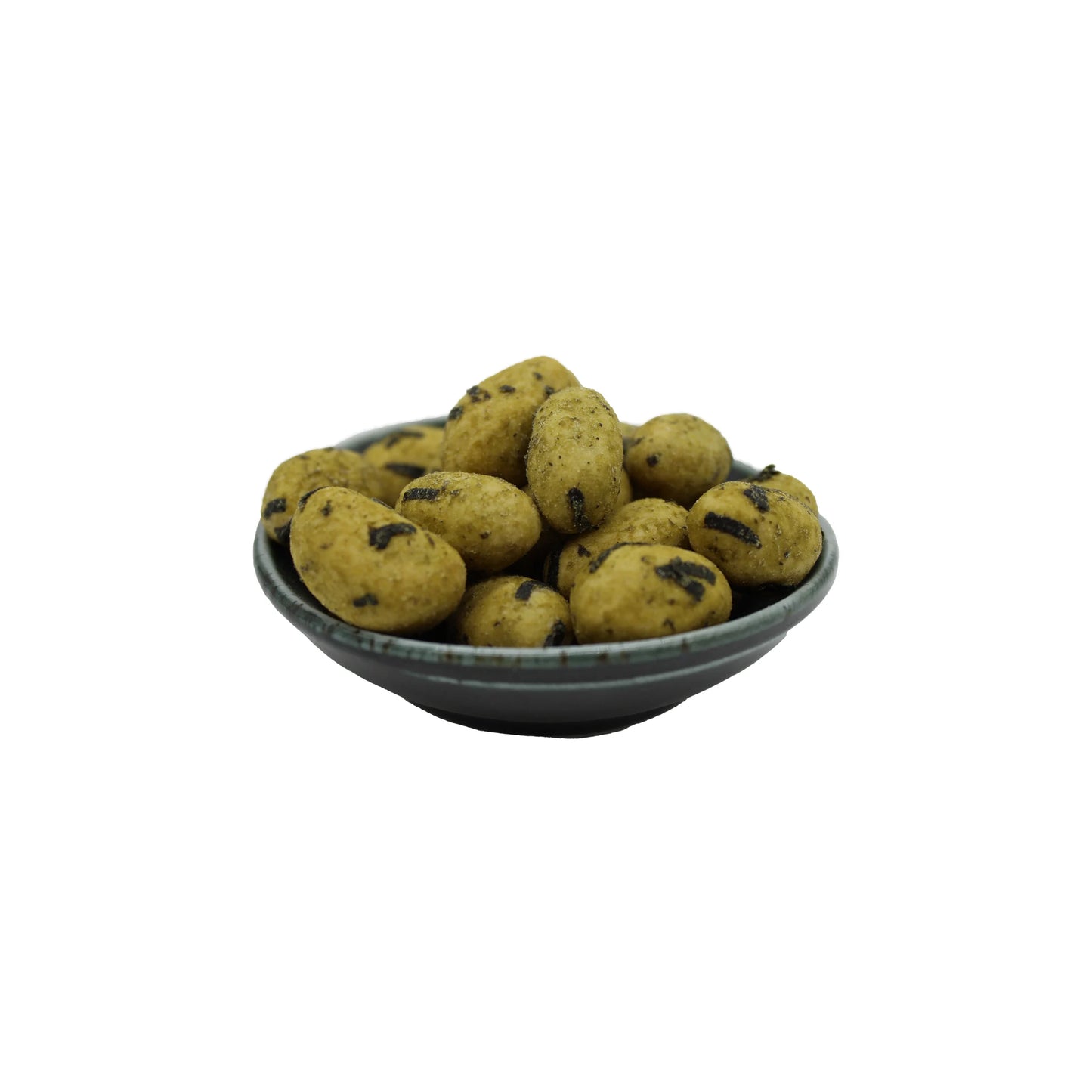 
                  
                    A small ceramic bowl holds oval, yellow peanuts coated with nori and wasabi seasoning. Product: Peanut Snack with Nori & Wasabi - 90g, displayed on a white background.
                  
                