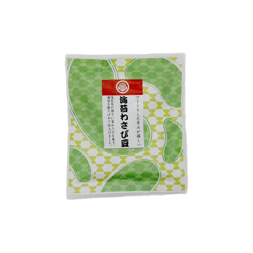 A 90g packet of Peanut Snack with Nori & Wasabi featuring Japanese text on a green and white patterned background, topped with a red label.