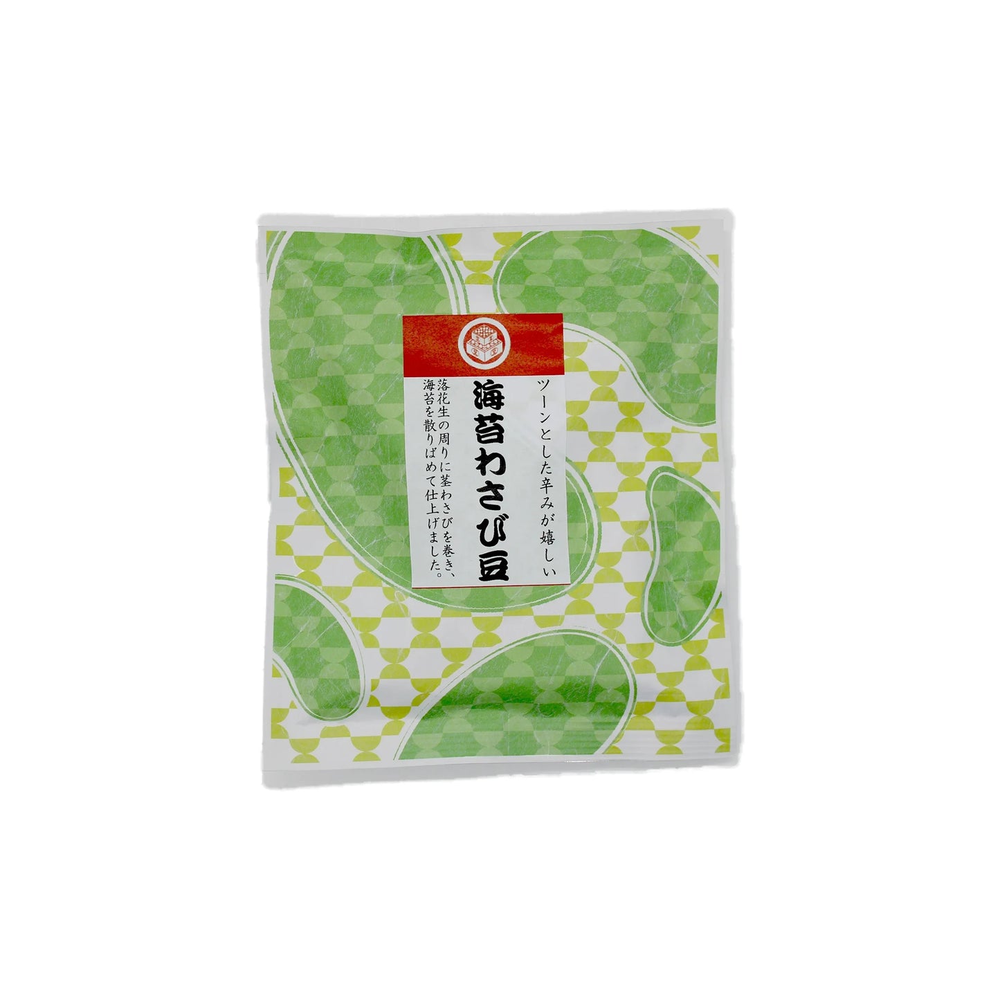 
                  
                    A 90g packet of Peanut Snack with Nori & Wasabi featuring Japanese text on a green and white patterned background, topped with a red label.
                  
                