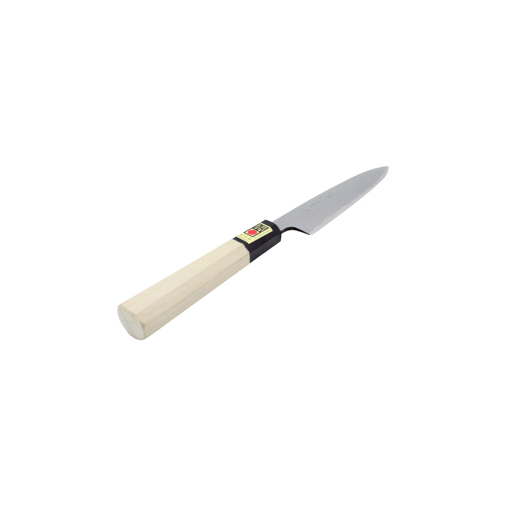
                  
                    The Petty Paring Knife Migaki Polished - 150mm is a Japanese-style knife with a light wooden handle and a small, pointed white steel double-bevel blade, shown isolated on a white background.
                  
                