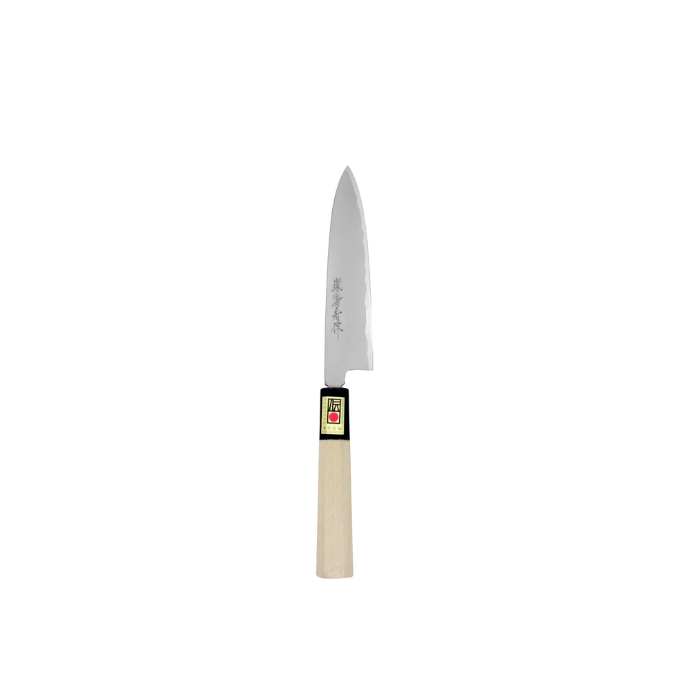 The Petty Paring Knife Migaki Polished - 150mm features a wooden handle and a polished silver white steel blade with engraved kanji, displayed on a plain white background.