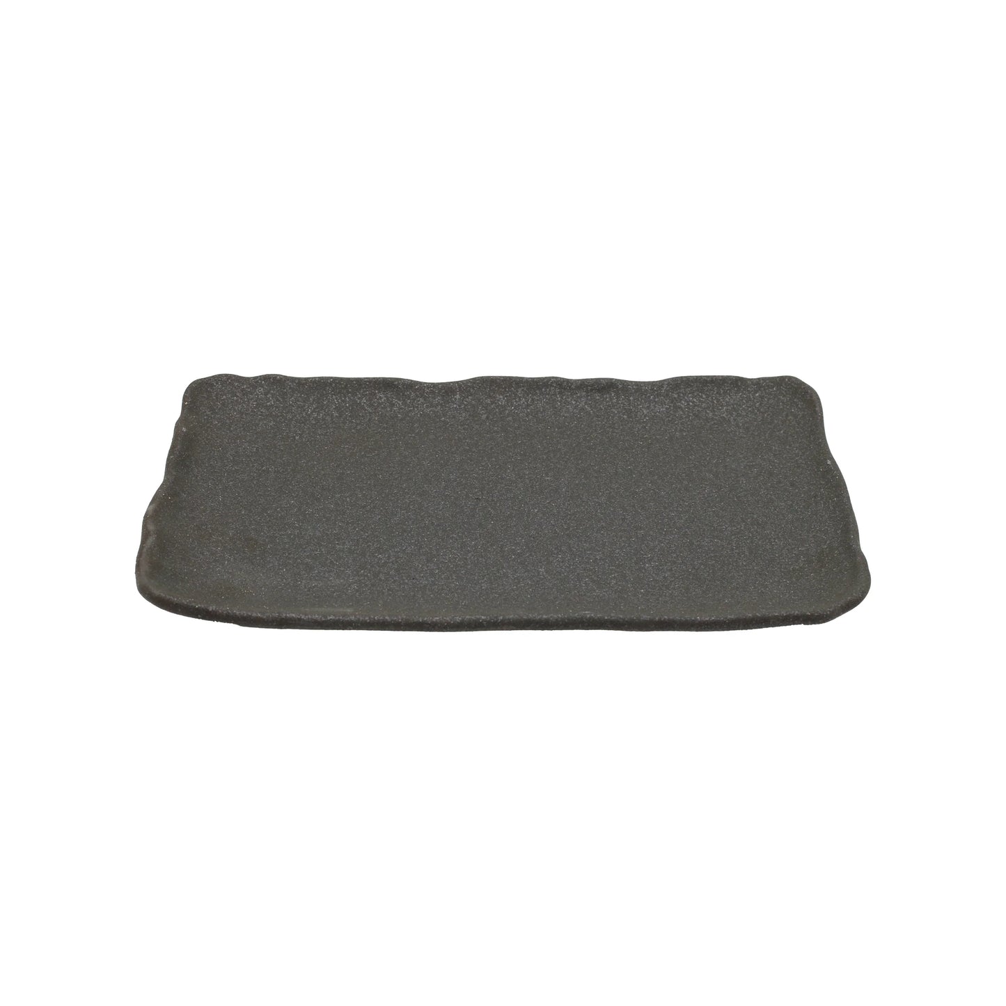 The Platter - Stone Black Textured Rectangular is a dark gray Minoyaki porcelain plate with slightly wavy edges, highlighting Japanese craftsmanship, shown against a white background.