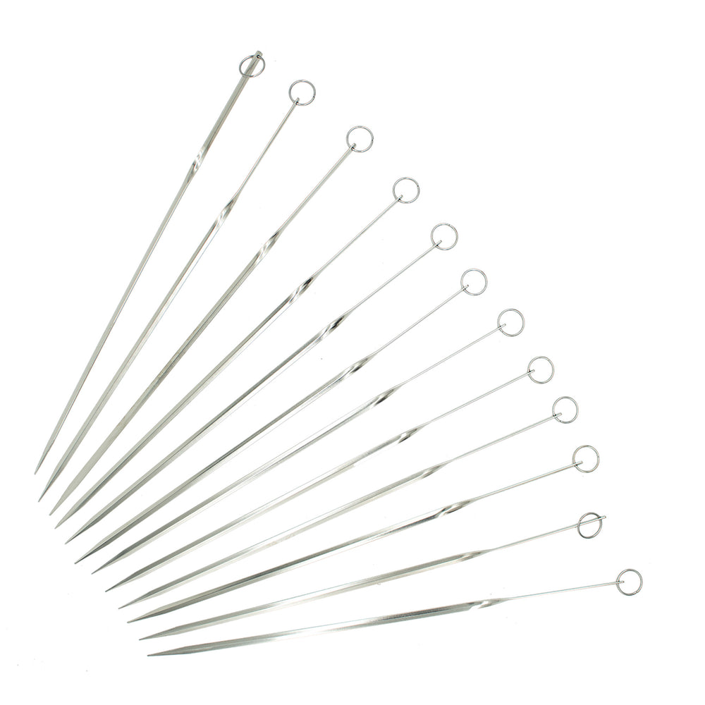 
                  
                    Ten professional steel skewers with looped handles are arranged diagonally on a white background, ideal for use with the Shichirin Table Barbecue Set.
                  
                