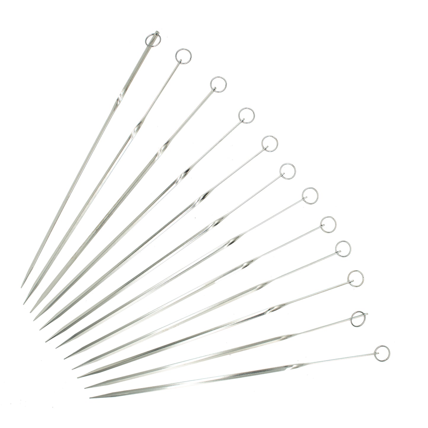 
                  
                    Ten professional steel skewers with looped handles are arranged diagonally on a white background, ideal for use with the Shichirin Table Barbecue Set.
                  
                