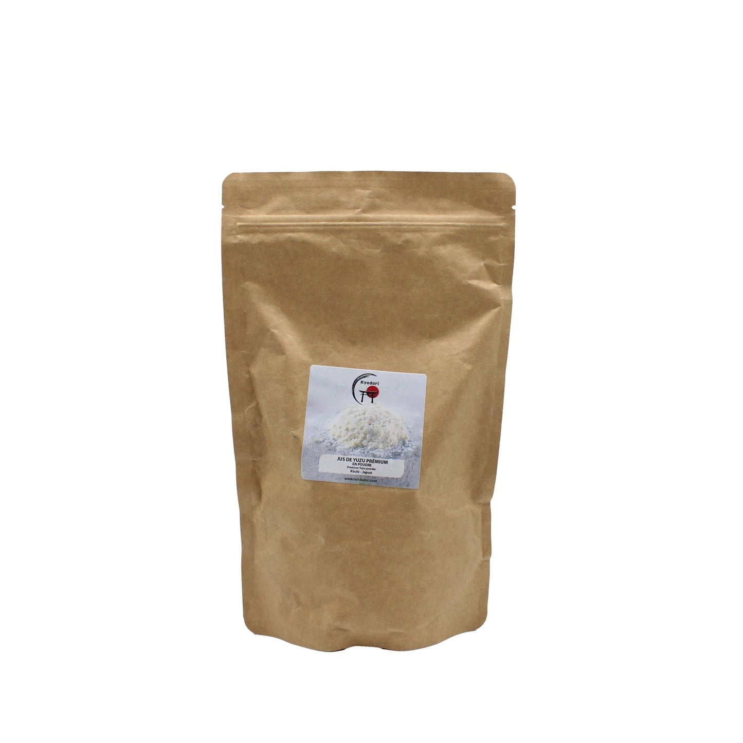 A brown resealable paper pouch with a label depicting white powder, displayed on a white background—ideal for presenting Premium Yuzu Juice Powder - 500g from Kochi Prefecture.