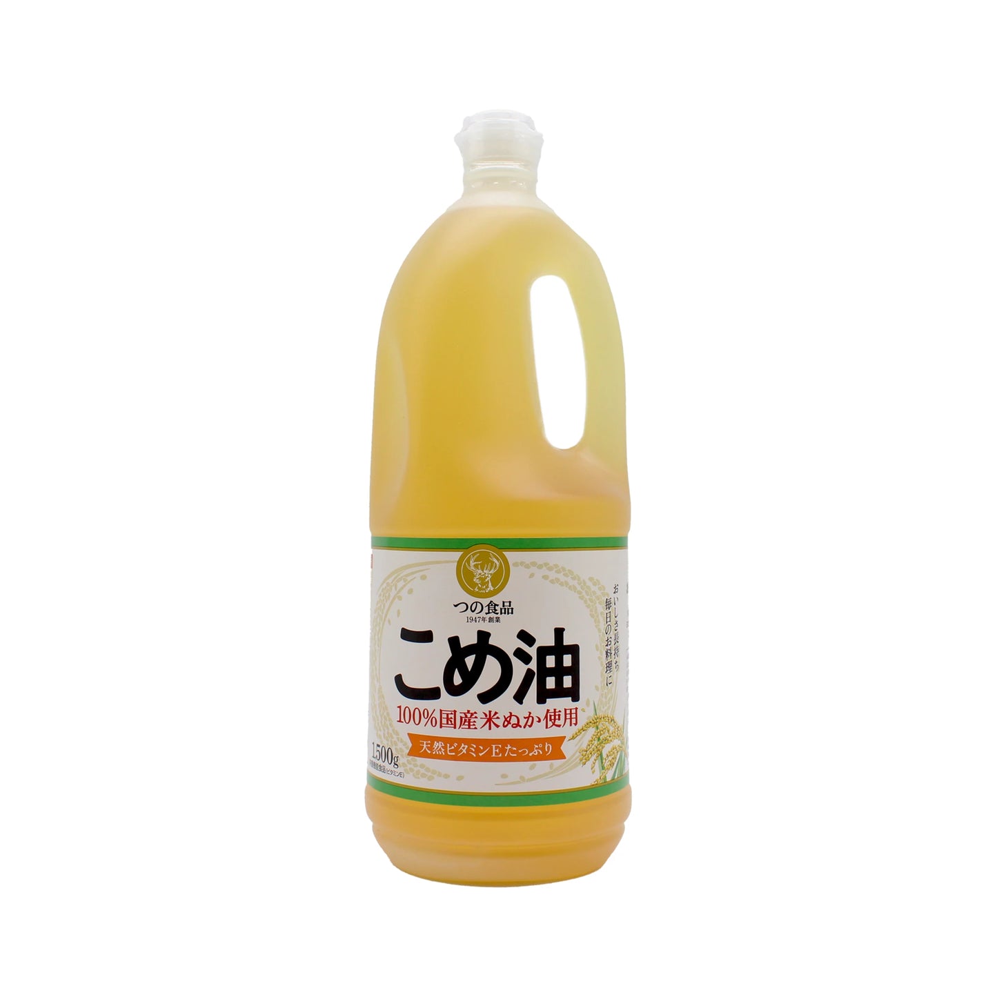 A 1.5kg bottle of Pure Rice Bran Oil with a white and yellow Japanese label and handle—perfect for all your cooking needs thanks to its high smoke point.