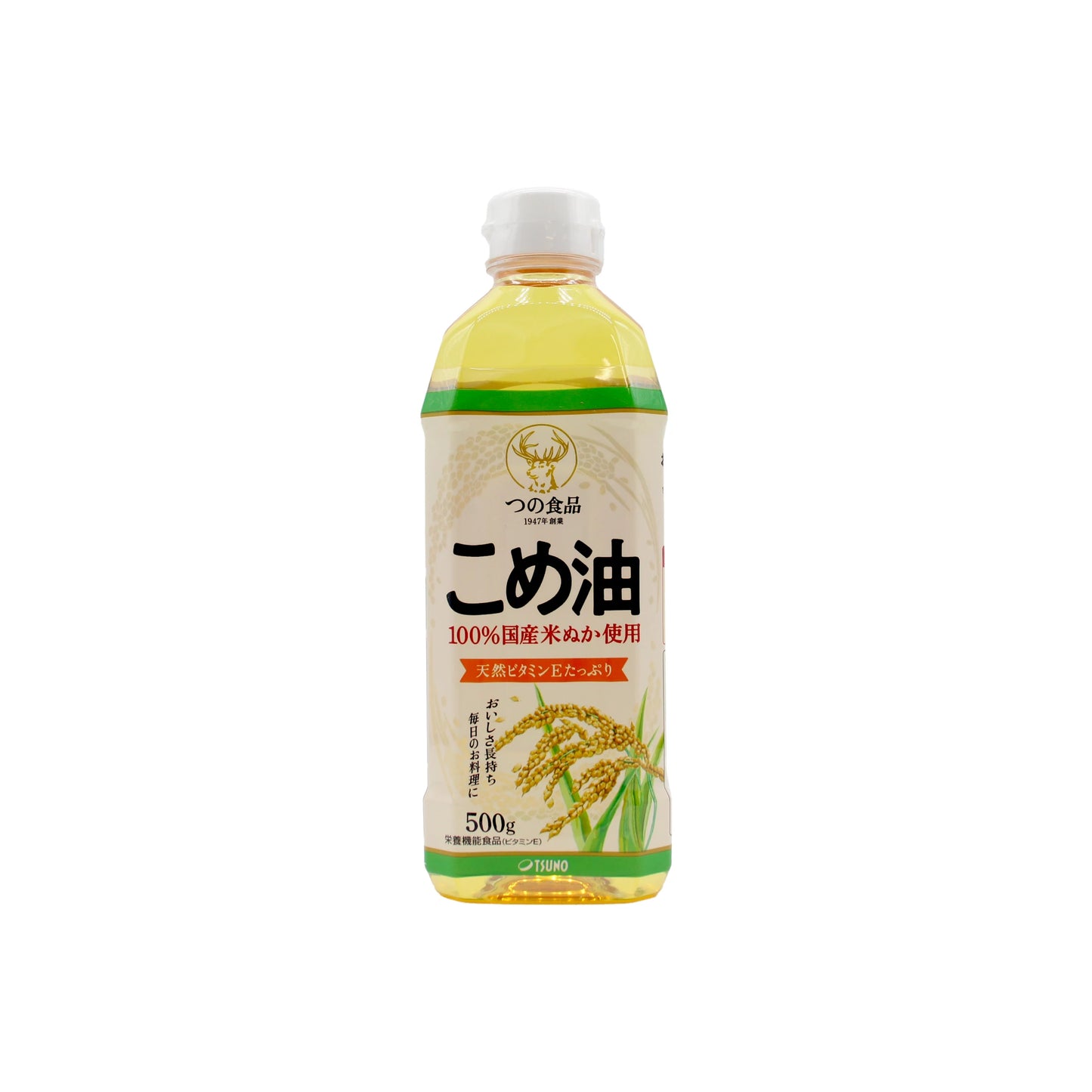 
                  
                    A clear plastic bottle of Pure Rice Bran Oil with a white cap, featuring Japanese text, golden oil, and an illustration of rice stalks on the label.
                  
                
