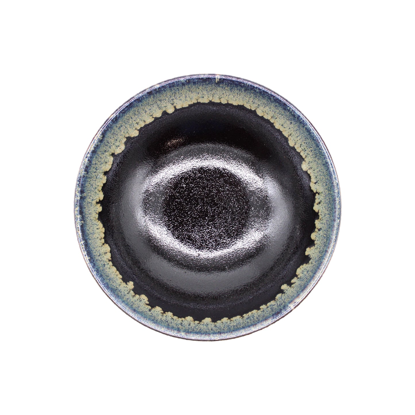 The Ramen Bowl - Black Cascade is a round Japanese ceramic bowl featuring a glossy black center and a blue-green speckled rim, shown from above on a white background.