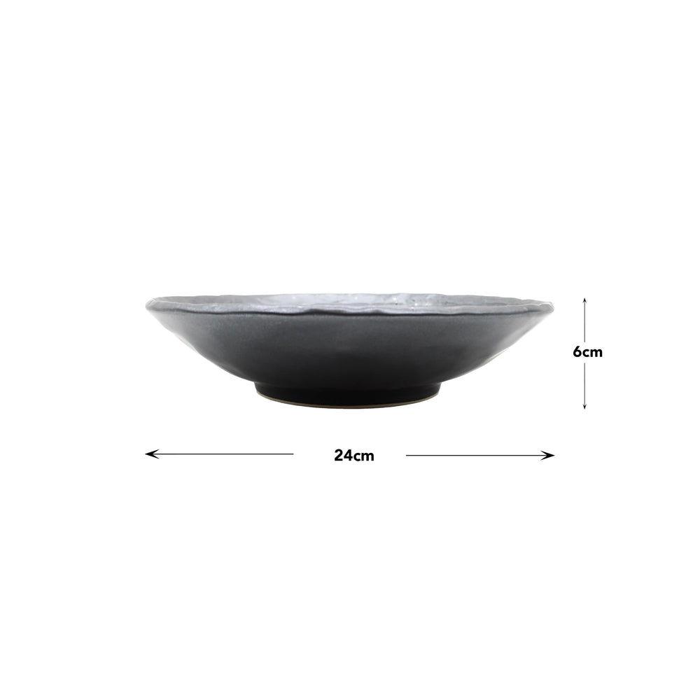 Side view of a gray Ramen Bowl - Black Pearl, 24 cm in diameter and 6 cm high, shown with measurement arrows.
