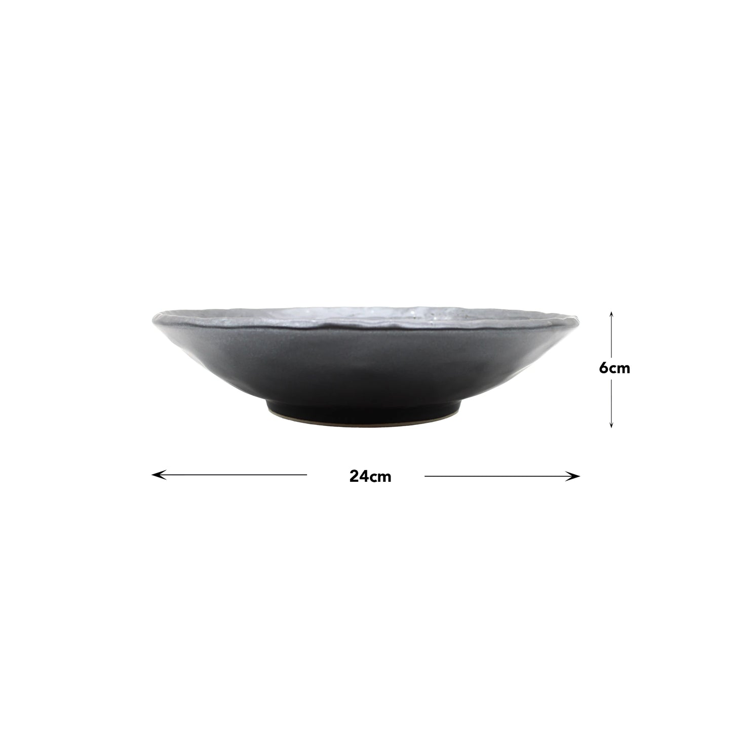 Side view of a gray Ramen Bowl - Black Pearl, 24 cm in diameter and 6 cm high, shown with measurement arrows.