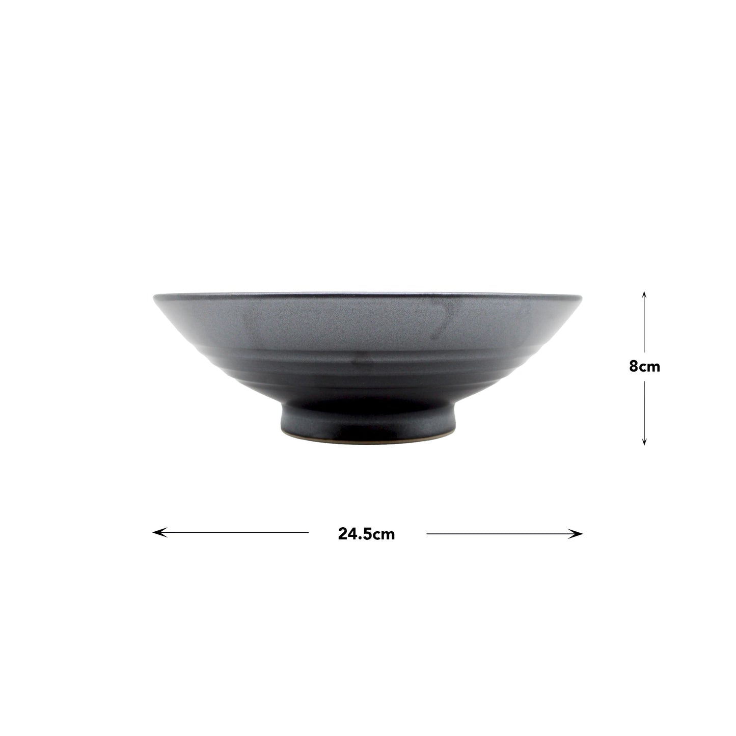 
                  
                    The Ramen Bowl - Black Pearl, made from Minoyaki porcelain, measures 24.5 cm in diameter and 8 cm in height. It is shown on a white background with measurement arrows.
                  
                
