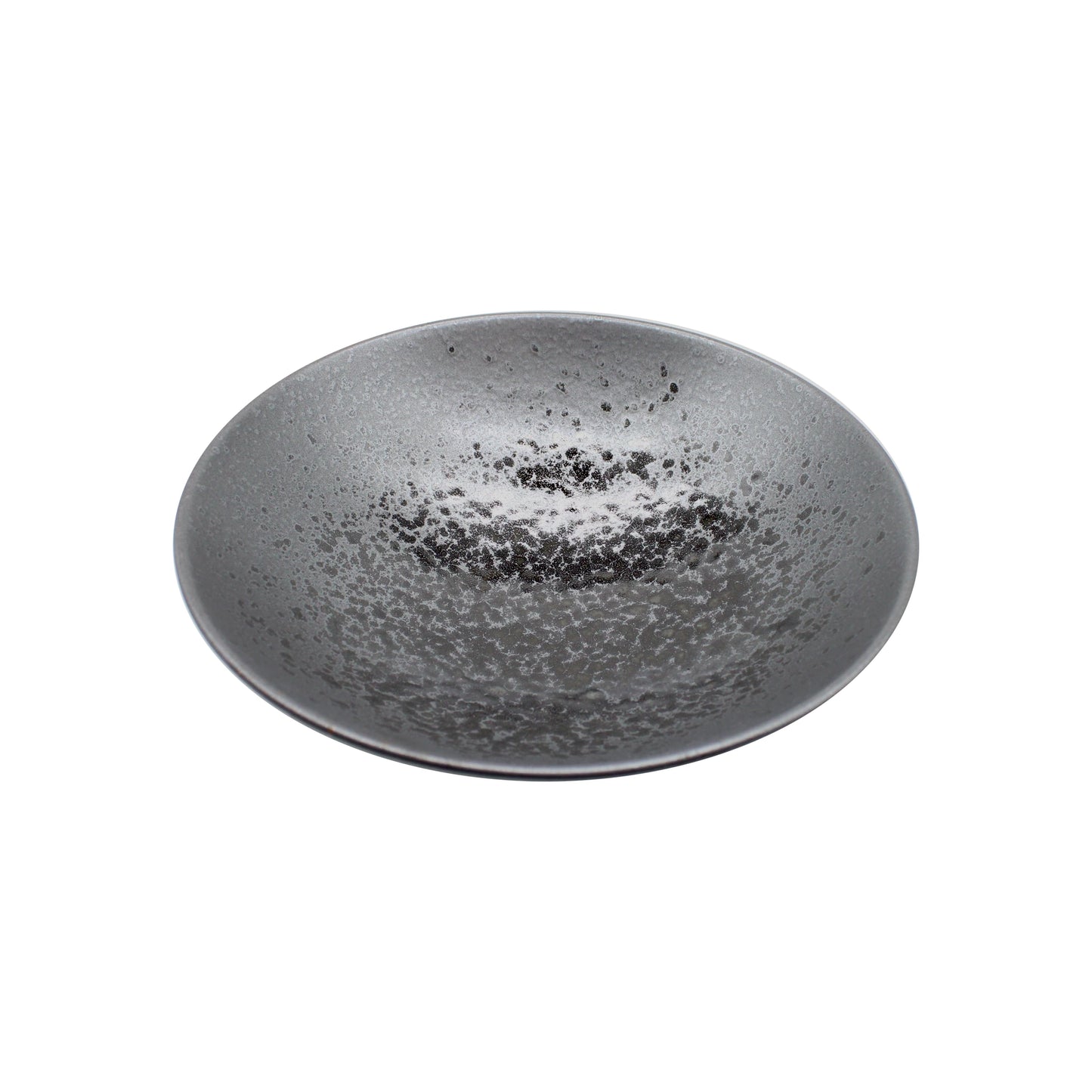 
                  
                    A round, dark gray Ramen Bowl - Black Pearl made of Minoyaki porcelain with a textured, speckled surface, shown on a white background.
                  
                