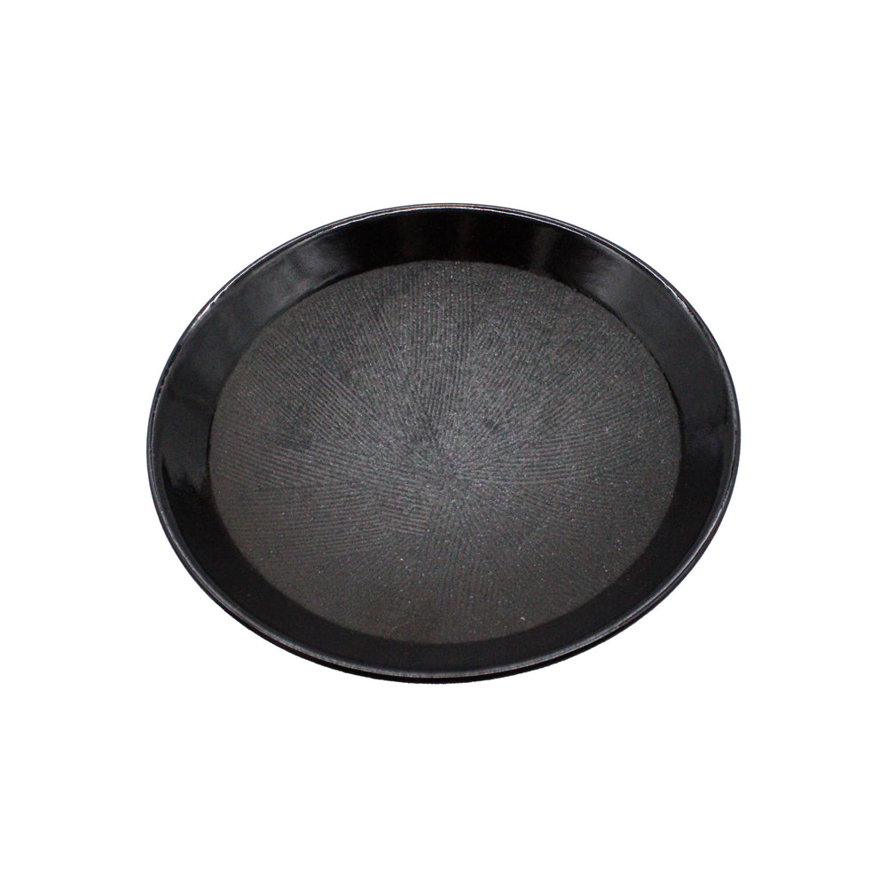 A top-down view of the Black Suribachi Ramen Bowl, a round serving tray with a textured surface inspired by premium Japanese ceramicware, set against a white background.
