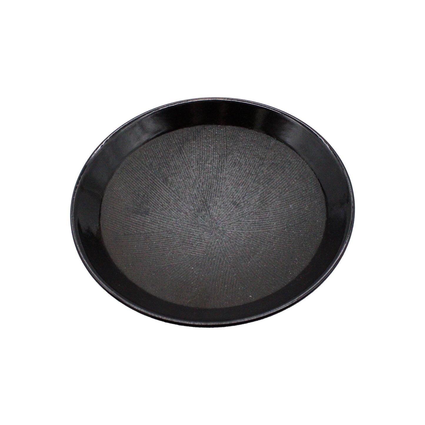 A top-down view of the Black Suribachi Ramen Bowl, a round serving tray with a textured surface inspired by premium Japanese ceramicware, set against a white background.