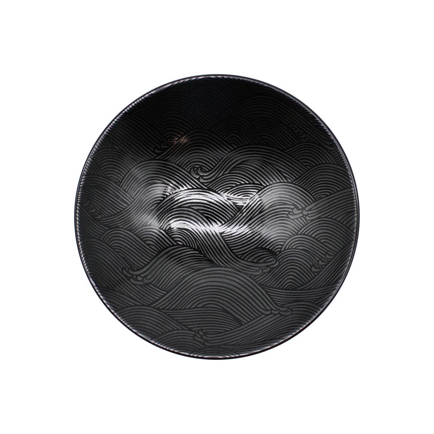 
                  
                    The Ramen Bowl - Black Wave is a handcrafted Japanese ceramic bowl featuring an embossed wave pattern, shown from above on a white background.
                  
                