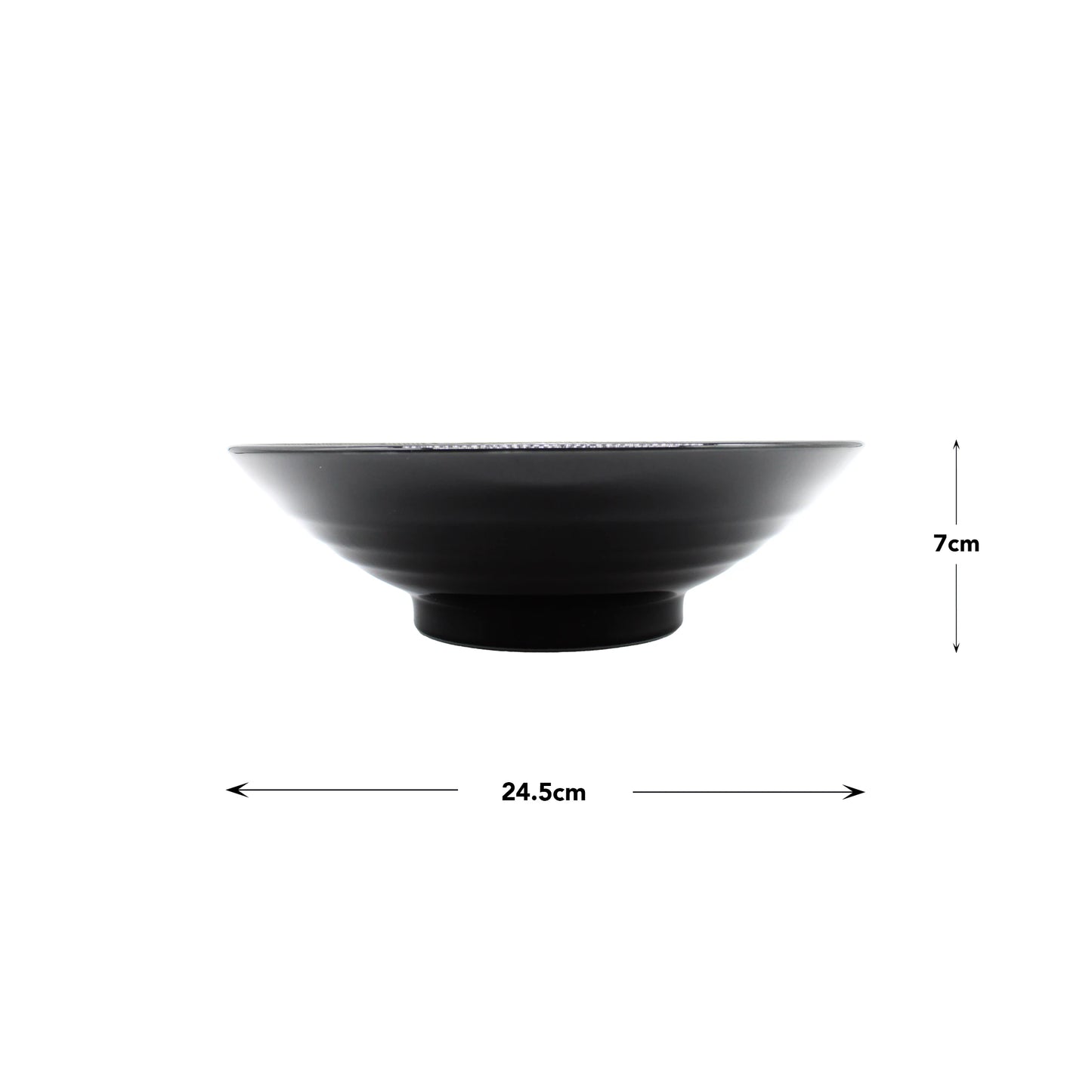 
                  
                    Ramen Bowl - Black Wave: Handcrafted black Minoyaki porcelain bowl, 24.5 cm diameter and 7 cm height, shown side-on with measurement arrows—an elegant piece of Japanese tableware.
                  
                
