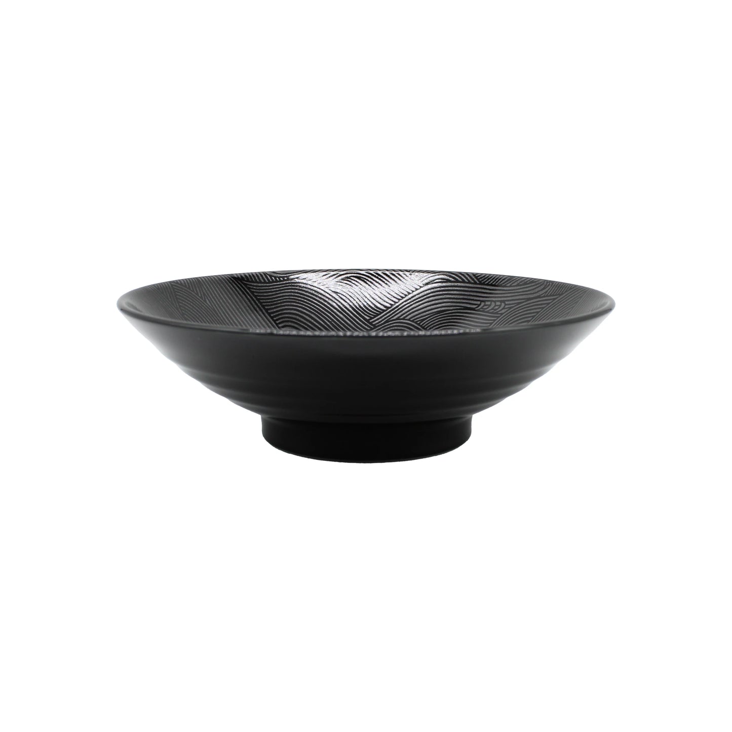 
                  
                    The Ramen Bowl - Black Wave is a handcrafted Minoyaki porcelain bowl featuring a wide rim and subtle geometric patterns, elegantly showcased on a white background.
                  
                