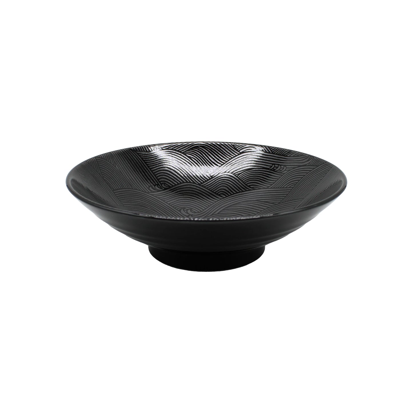 The Ramen Bowl - Black Wave is a handcrafted Minoyaki porcelain piece, featuring a black finish, textured wavy lines, and a raised base—an elegant Japanese tableware addition with striking design.