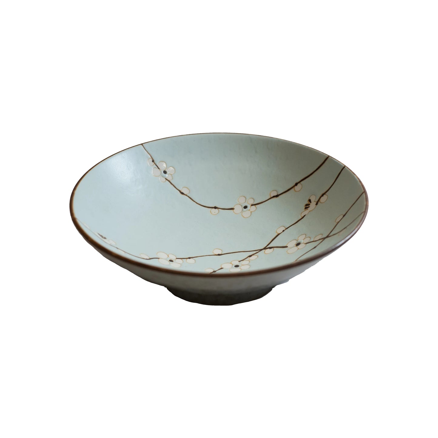 The Ramen Bowl - Light Blue Cherry Blossom is a shallow Minoyaki porcelain bowl with a light blue glaze and features brown branches and cherry blossom patterns inside, set against a plain white background.